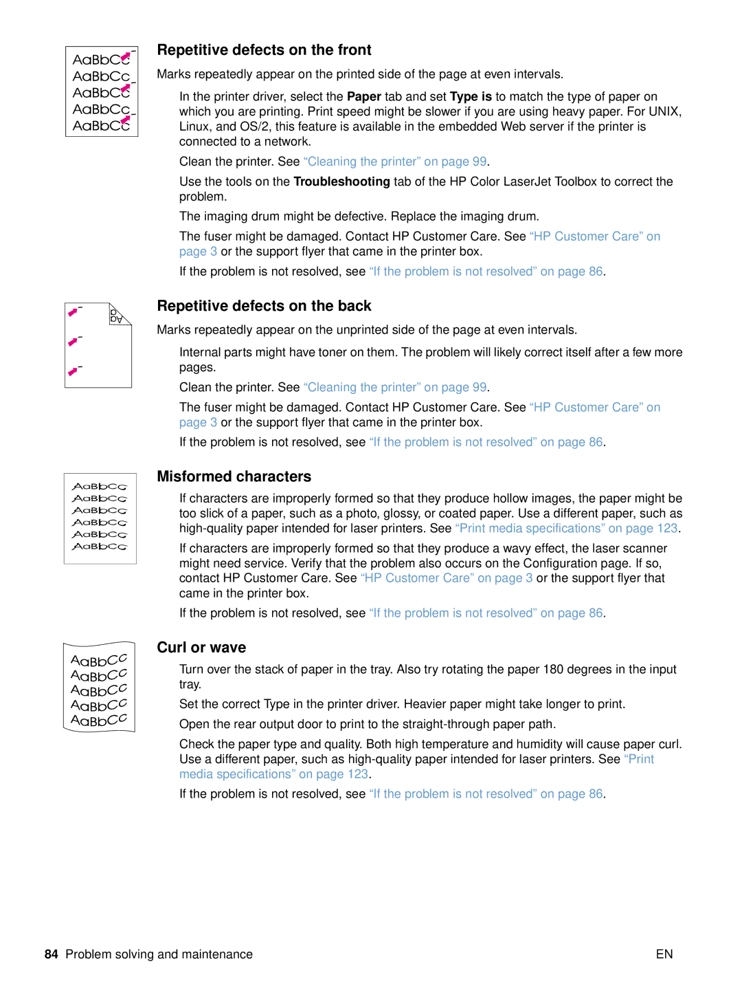 HP 2500 manual Repetitive defects on the front, Repetitive defects on the back, Misformed characters, Curl or wave 