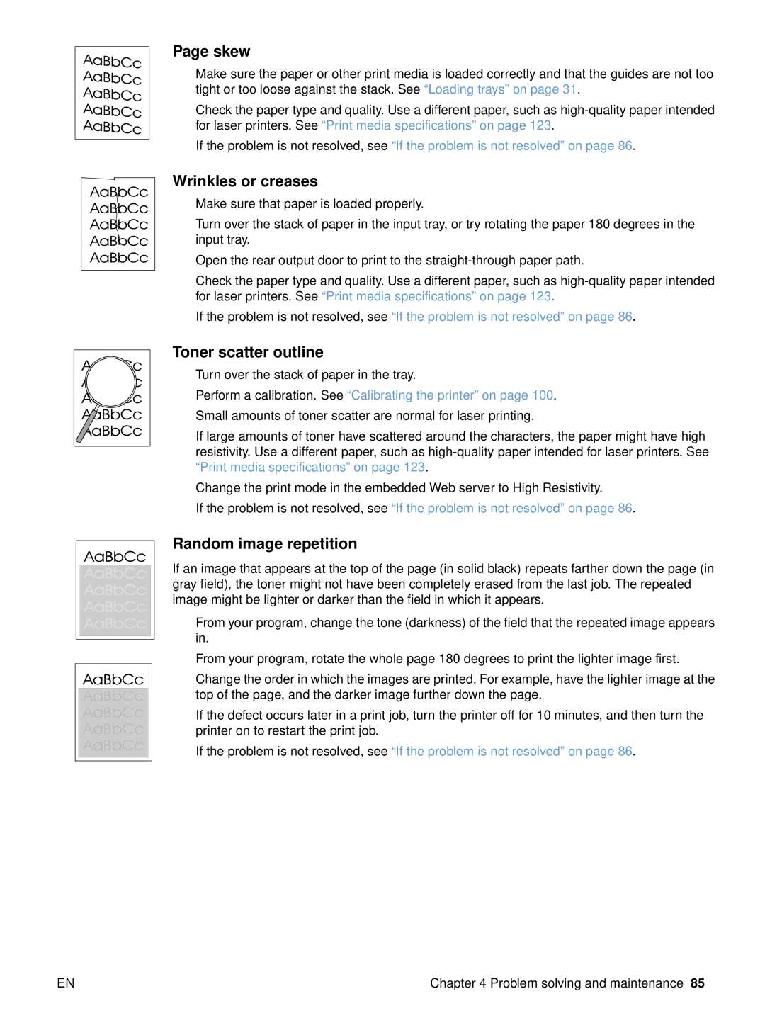 HP 2500 manual Skew, Wrinkles or creases, Toner scatter outline, Random image repetition 