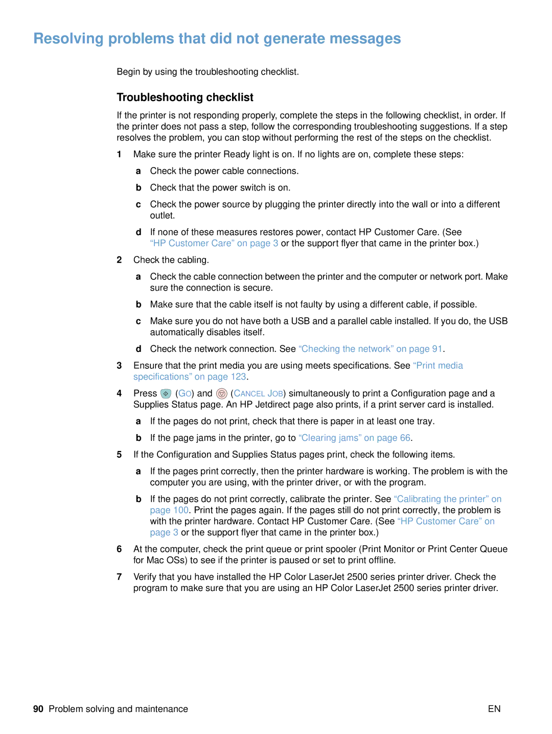 HP 2500 manual Resolving problems that did not generate messages, Troubleshooting checklist 