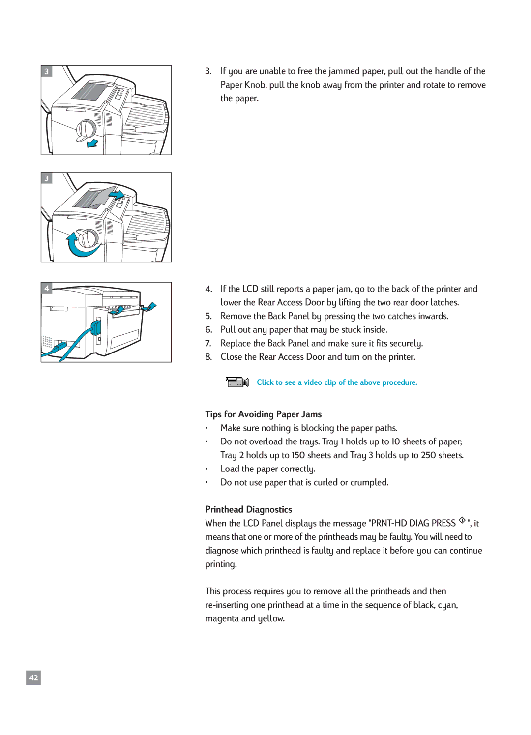 HP 2500CM manual Tips for Avoiding Paper Jams, ¥ Make sure nothing is blocking the paper paths, Printhead Diagnostics 