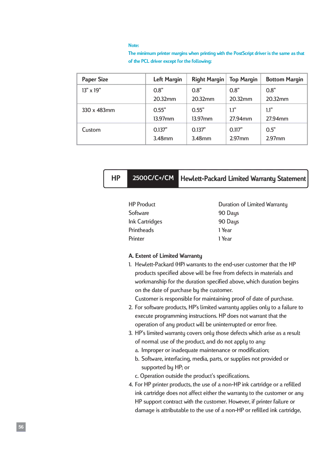 HP 2500CM manual Extent of Limited Warranty 