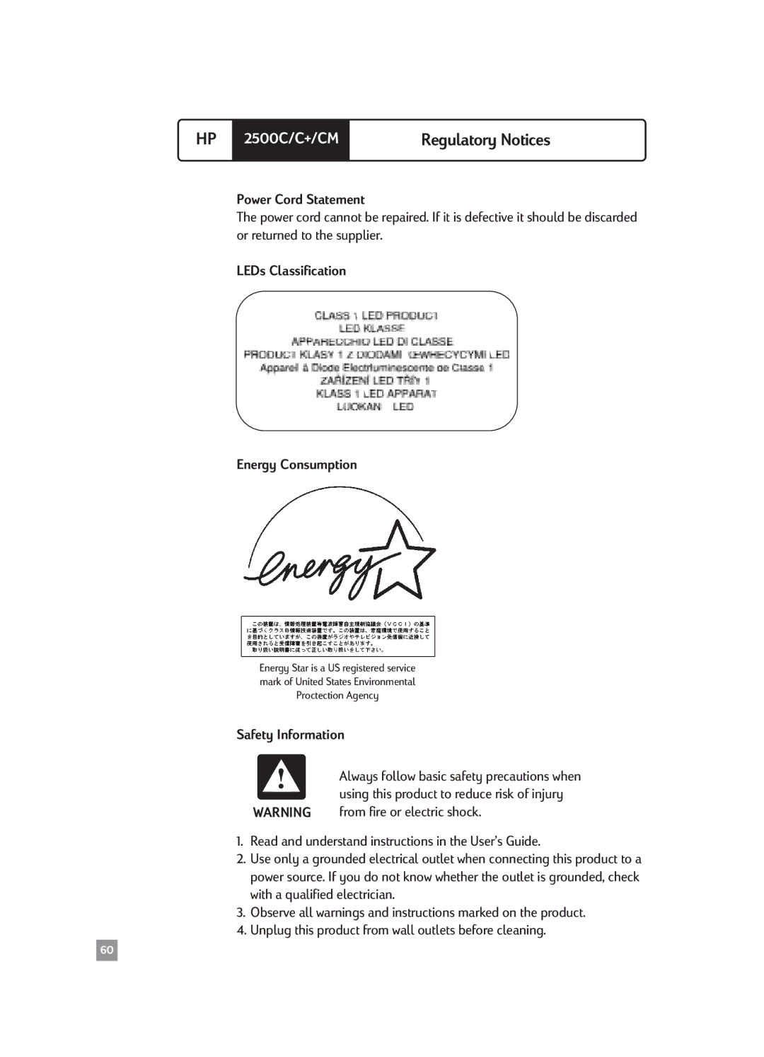HP 2500CM manual Power Cord Statement, LEDs Classification Energy Consumption, Safety Information 