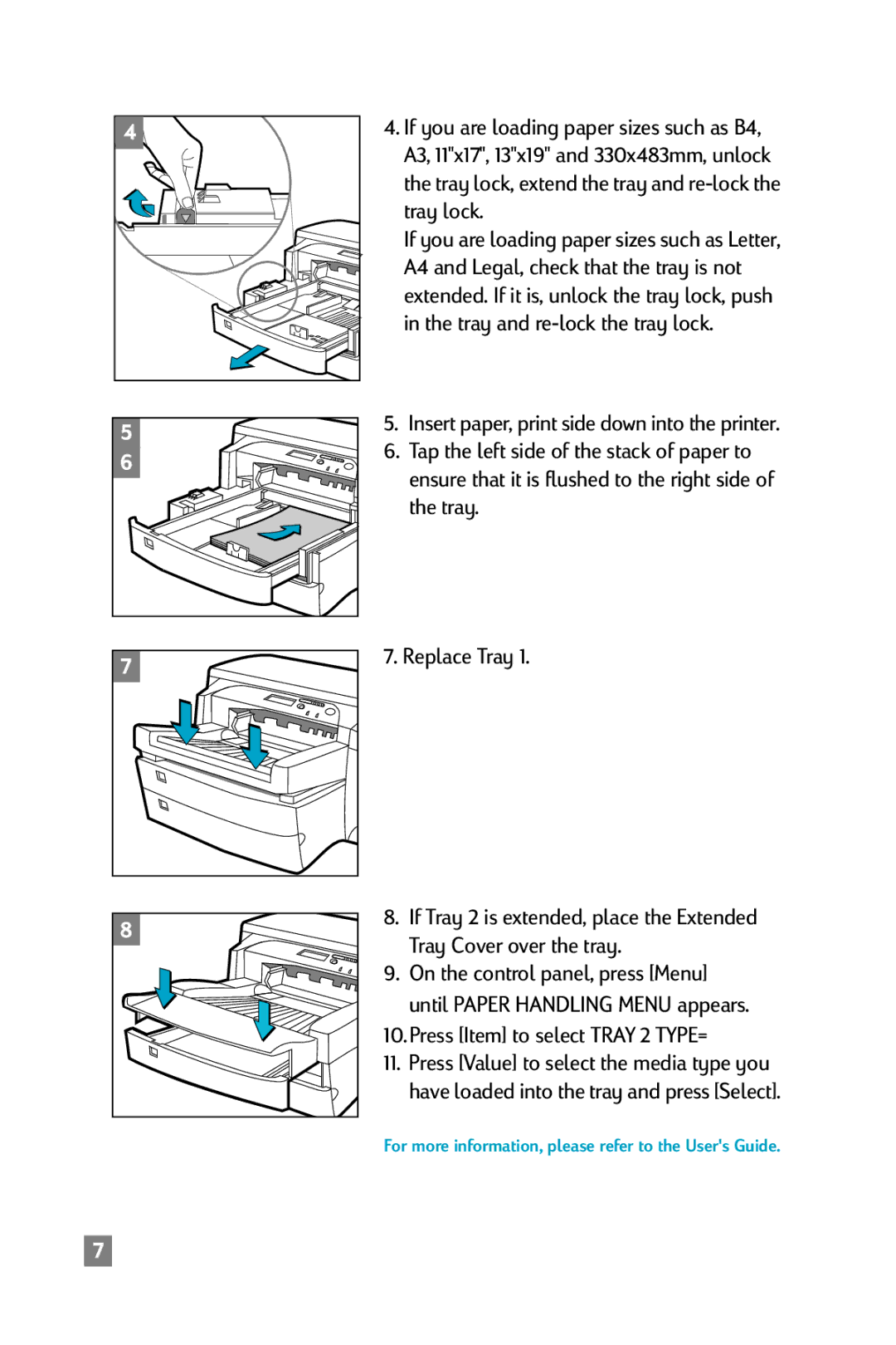 HP 2500C manual Tray lock, extend the tray and re-lock the tray lock, Press Item to select Tray 2 TYPE= 