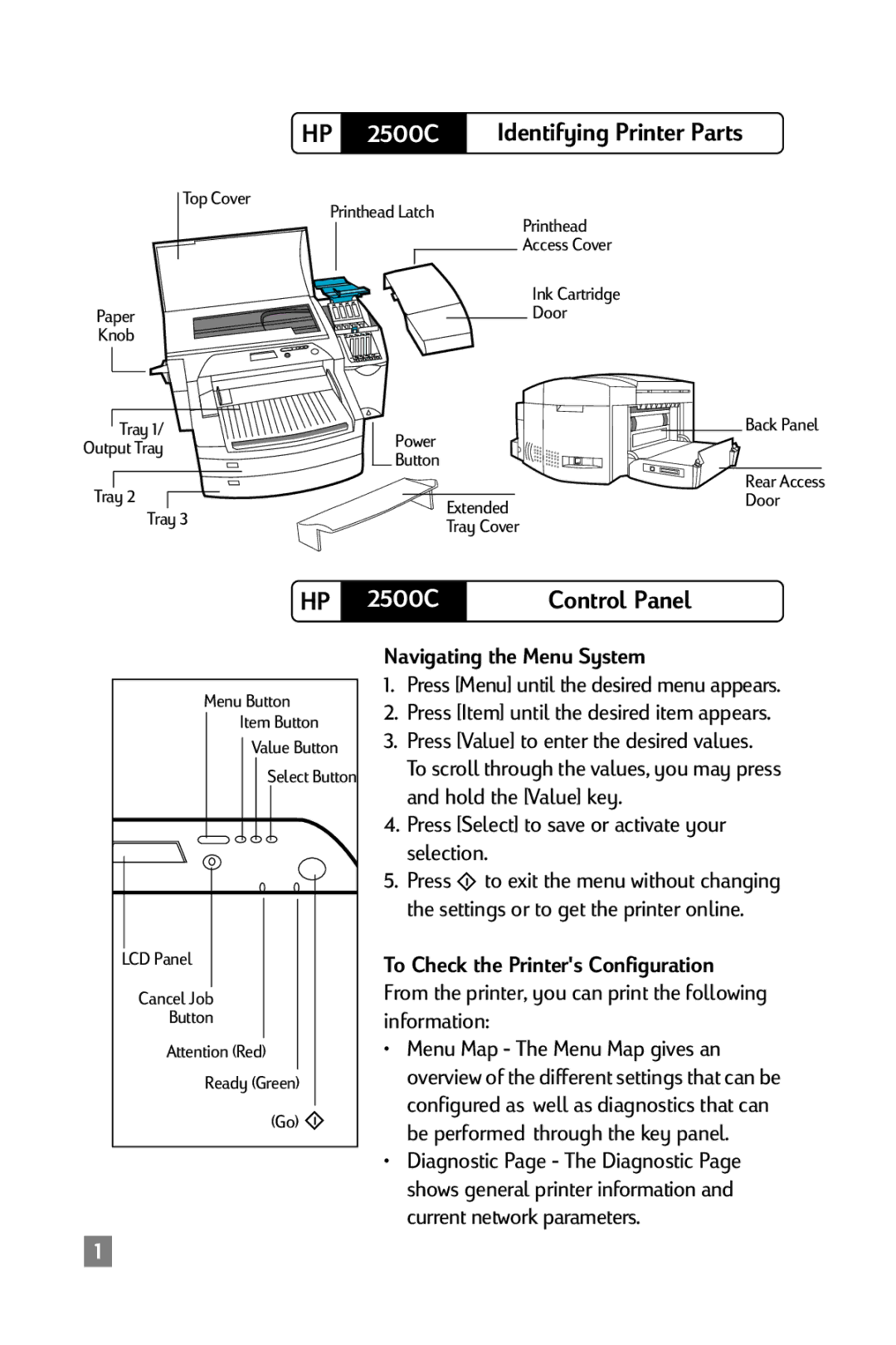 HP 2500C manual Navigating the Menu System, Press Item until the desired item appears, To Check the Printers Configuration 