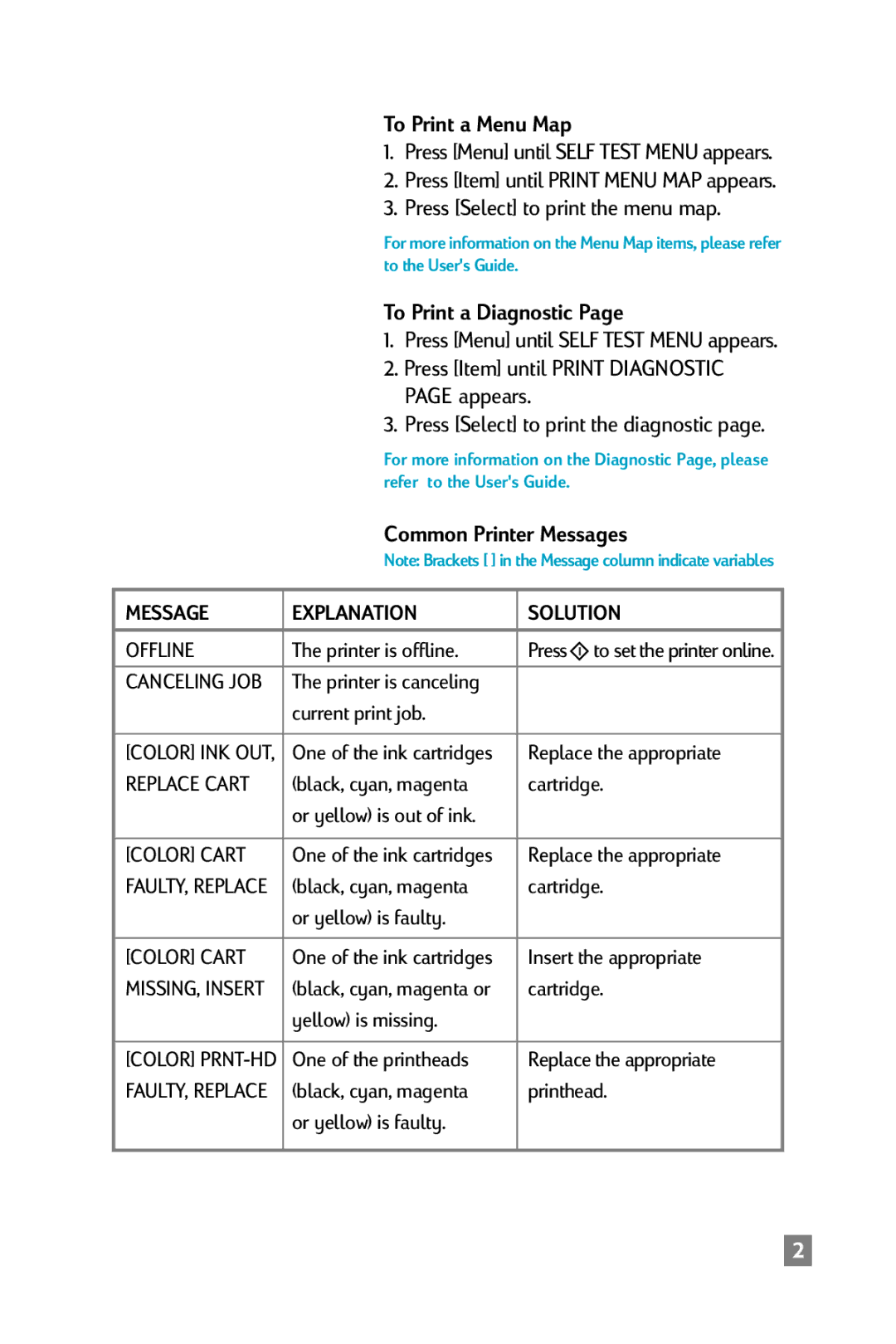 HP 2500C To Print a Menu Map, Press Select to print the menu map, To Print a Diagnostic, Common Printer Messages, Offline 