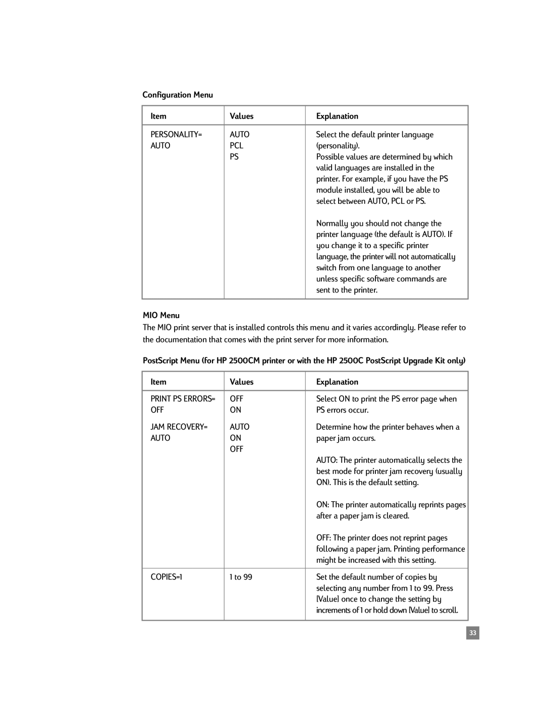 HP 2500C/CM manual Configuration Menu Values Explanation, MIO Menu 