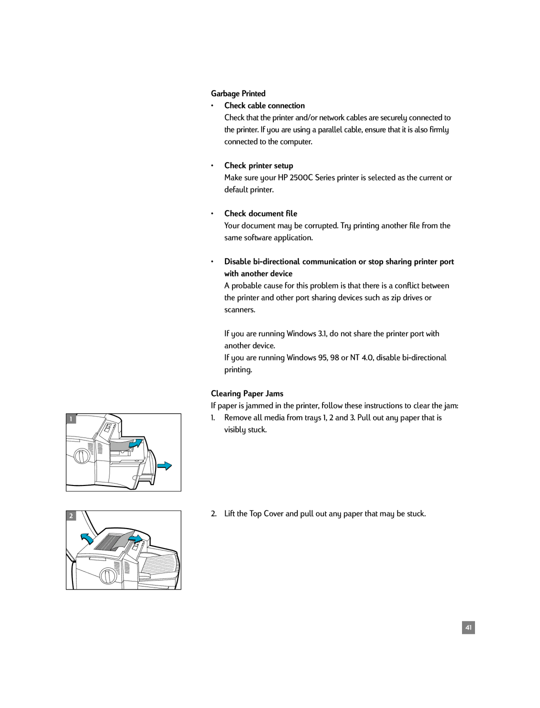 HP 2500C/CM manual Garbage Printed Check cable connection, Check document file, Clearing Paper Jams 