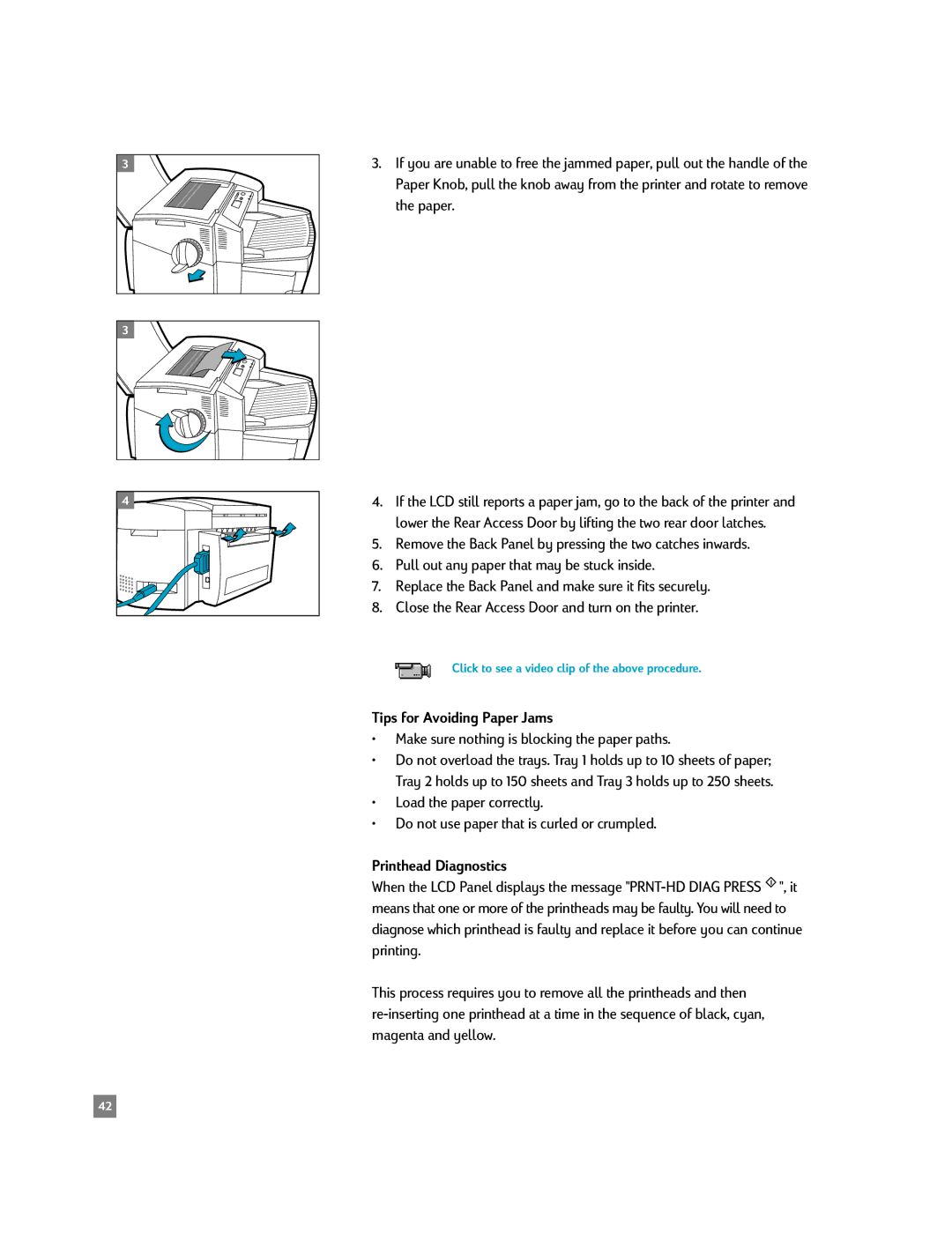 HP 2500C/CM manual Tips for Avoiding Paper Jams, Make sure nothing is blocking the paper paths, Printhead Diagnostics 