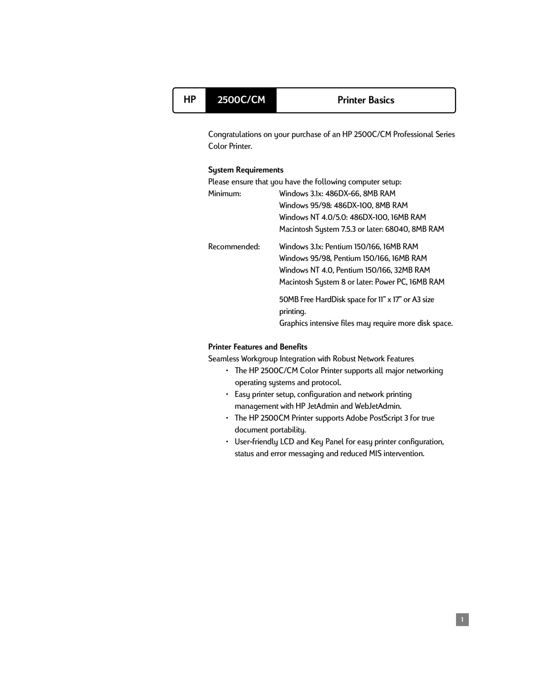 HP 2500C/CM manual System Requirements, Please ensure that you have the following computer setup, Recommended, Printing 