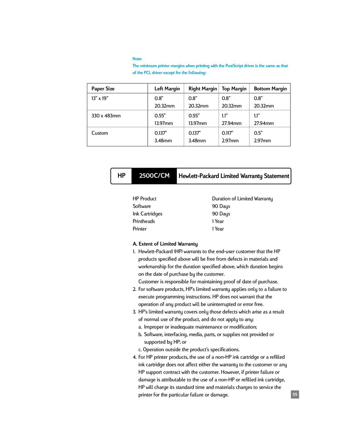 HP 2500C/CM manual Extent of Limited Warranty, Printer for the particular failure or damage 