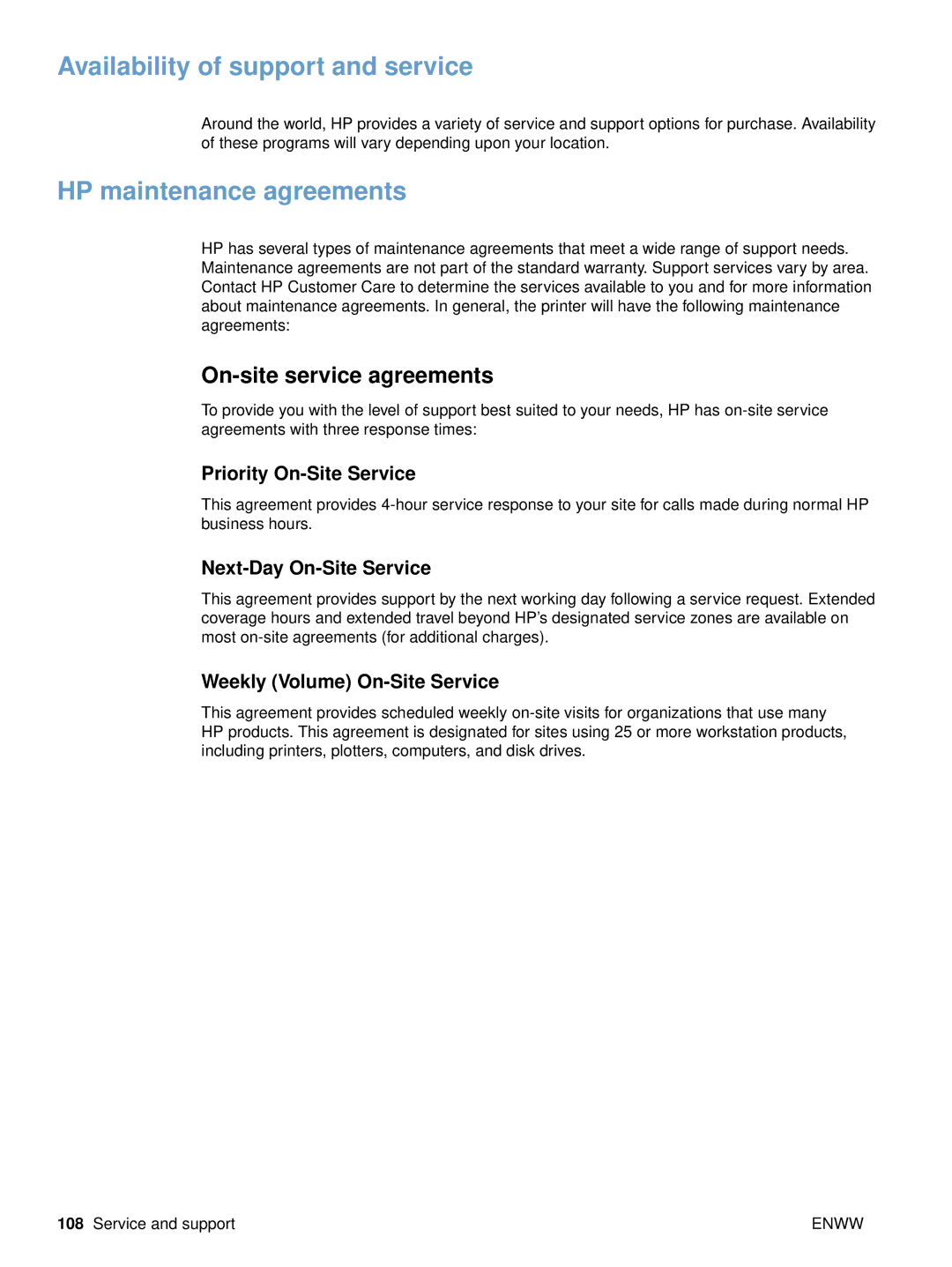 HP 2500n, 2500tn, 2500L manual Availability of support and service, HP maintenance agreements, On-site service agreements 