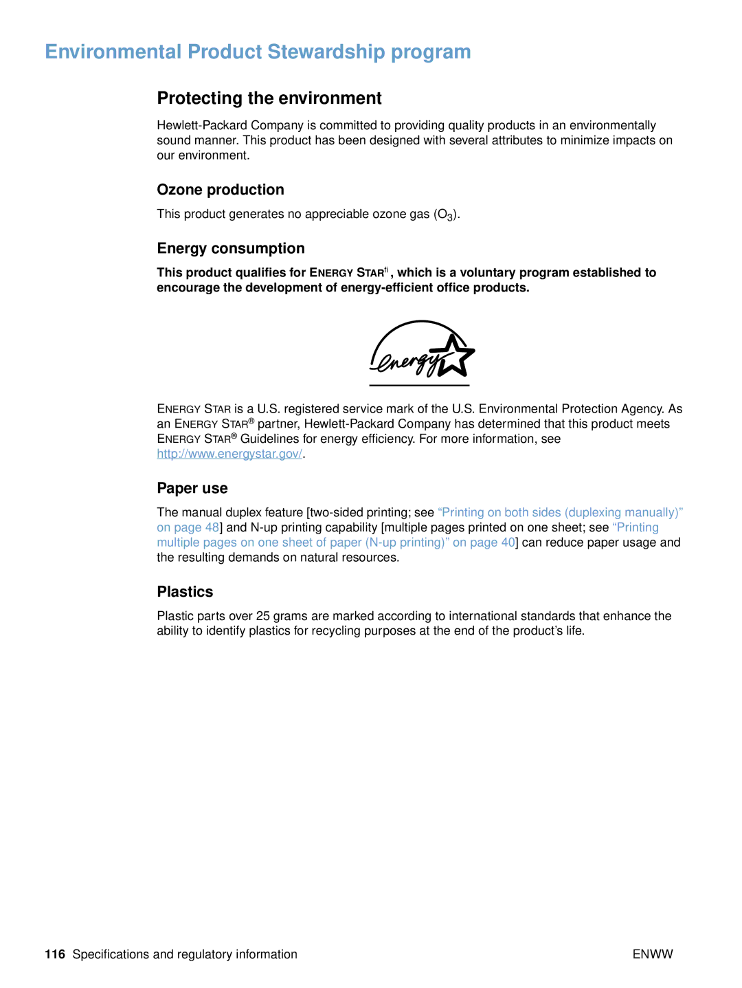 HP 2500n, 2500tn, 2500L manual Environmental Product Stewardship program, Protecting the environment 