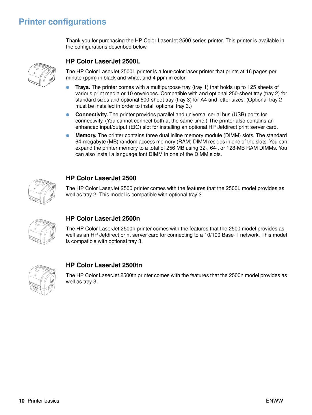 HP manual Printer configurations, HP Color LaserJet 2500L, HP Color LaserJet 2500n, HP Color LaserJet 2500tn 