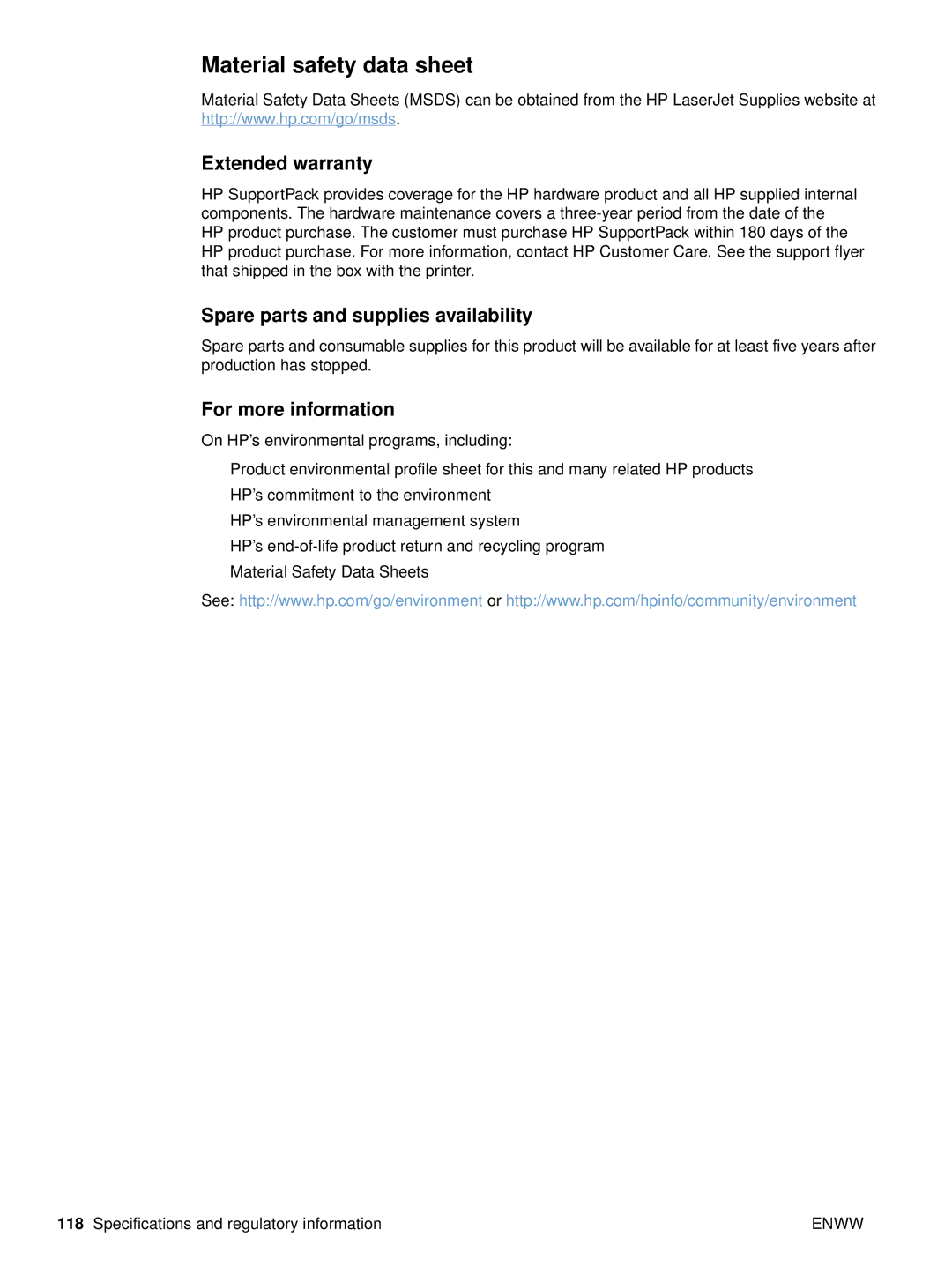 HP 2500tn manual Material safety data sheet, Extended warranty, Spare parts and supplies availability, For more information 