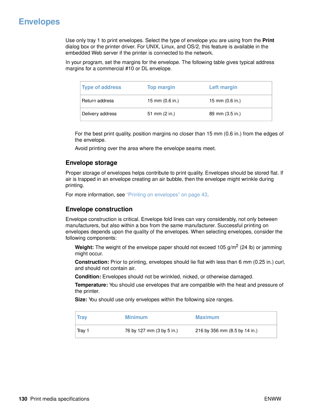 HP 2500tn, 2500L, 2500n manual Envelopes, Envelope storage, Envelope construction 