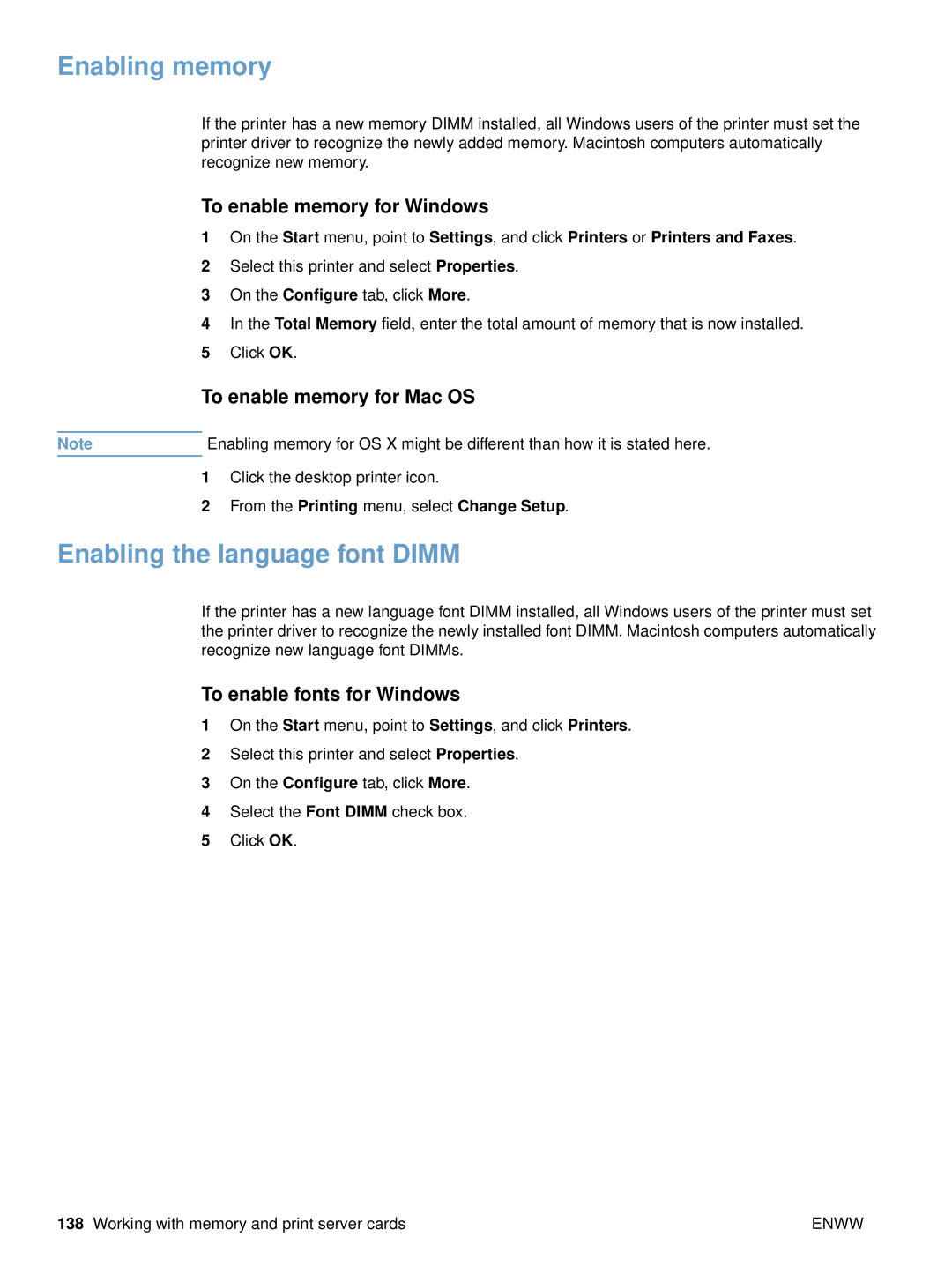 HP 2500tn Enabling memory, Enabling the language font Dimm, To enable memory for Windows, To enable memory for Mac OS 