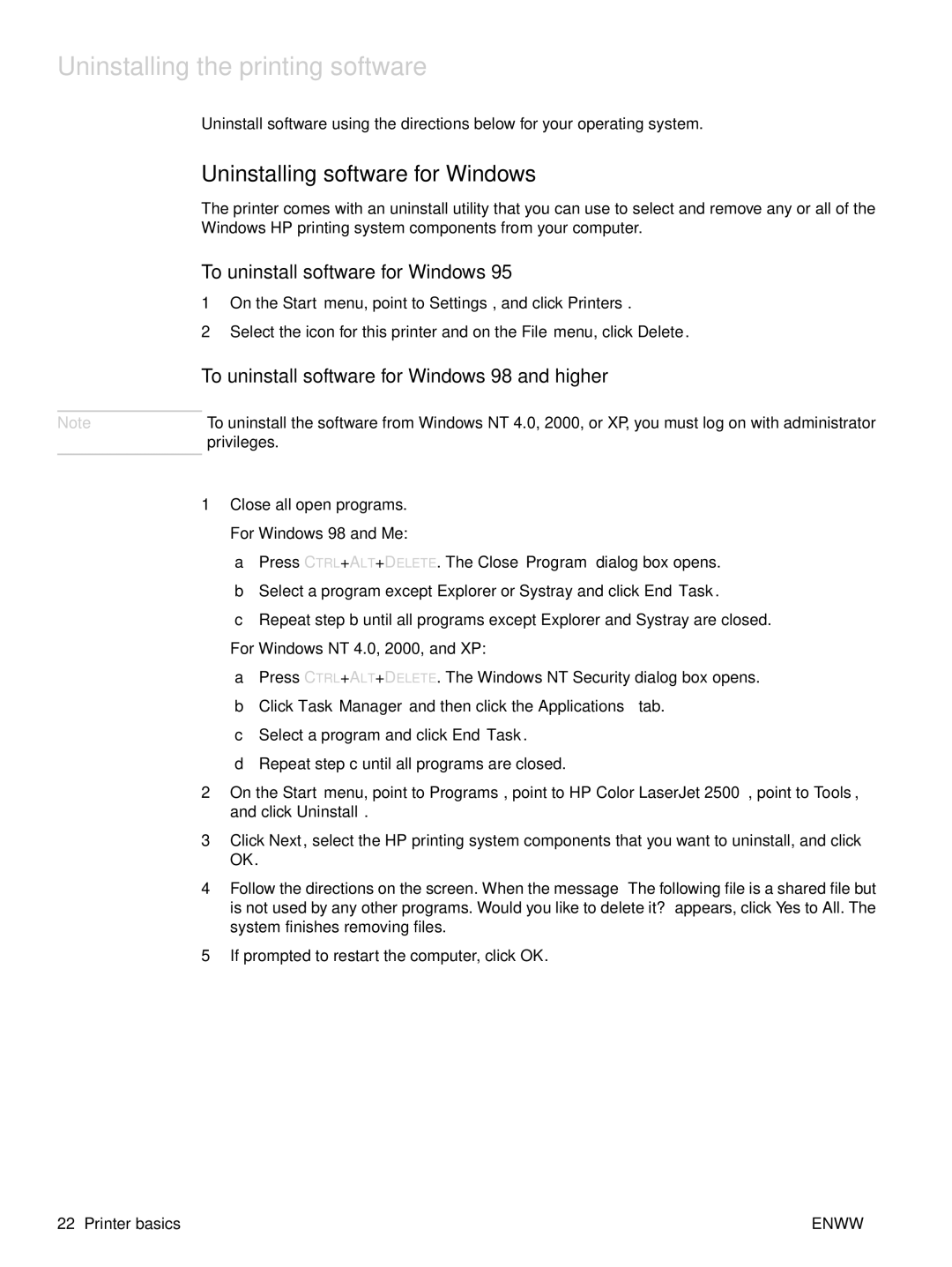 HP 2500tn, 2500L Uninstalling the printing software, Uninstalling software for Windows, To uninstall software for Windows 