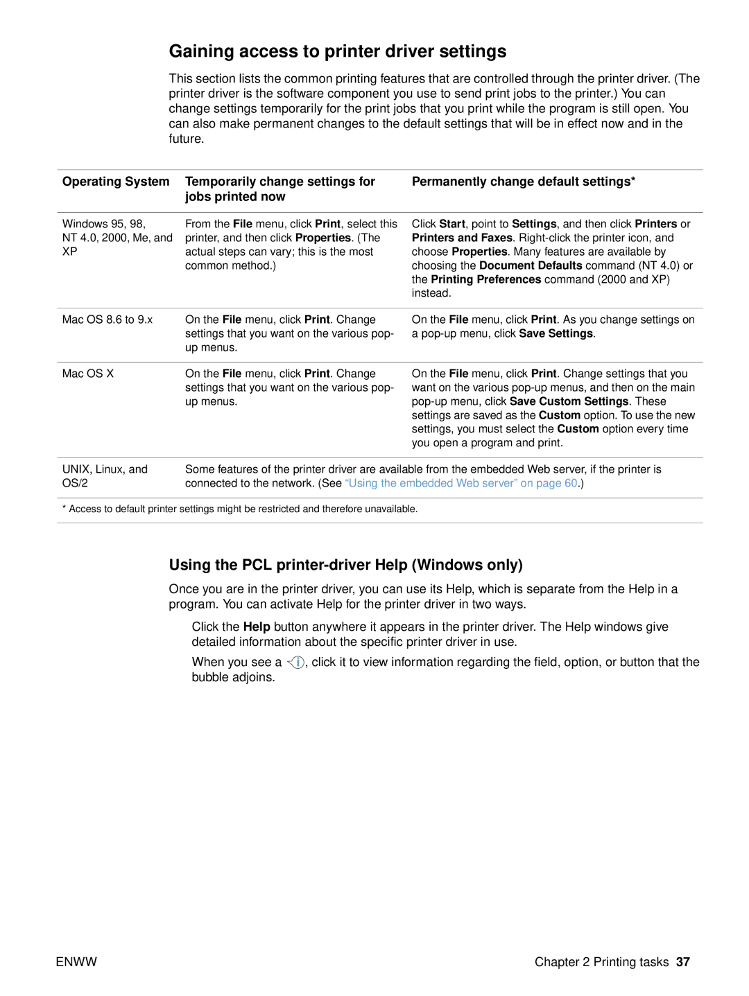 HP 2500tn, 2500L, 2500n manual Gaining access to printer driver settings, Using the PCL printer-driver Help Windows only 