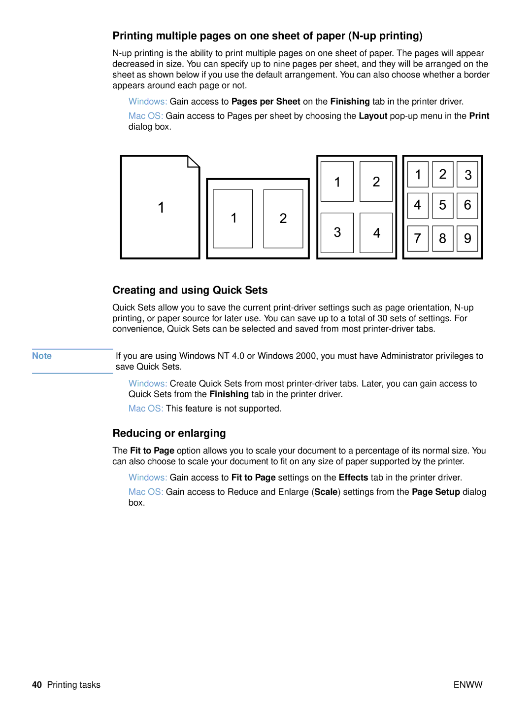 HP 2500n Printing multiple pages on one sheet of paper N-up printing, Creating and using Quick Sets, Reducing or enlarging 