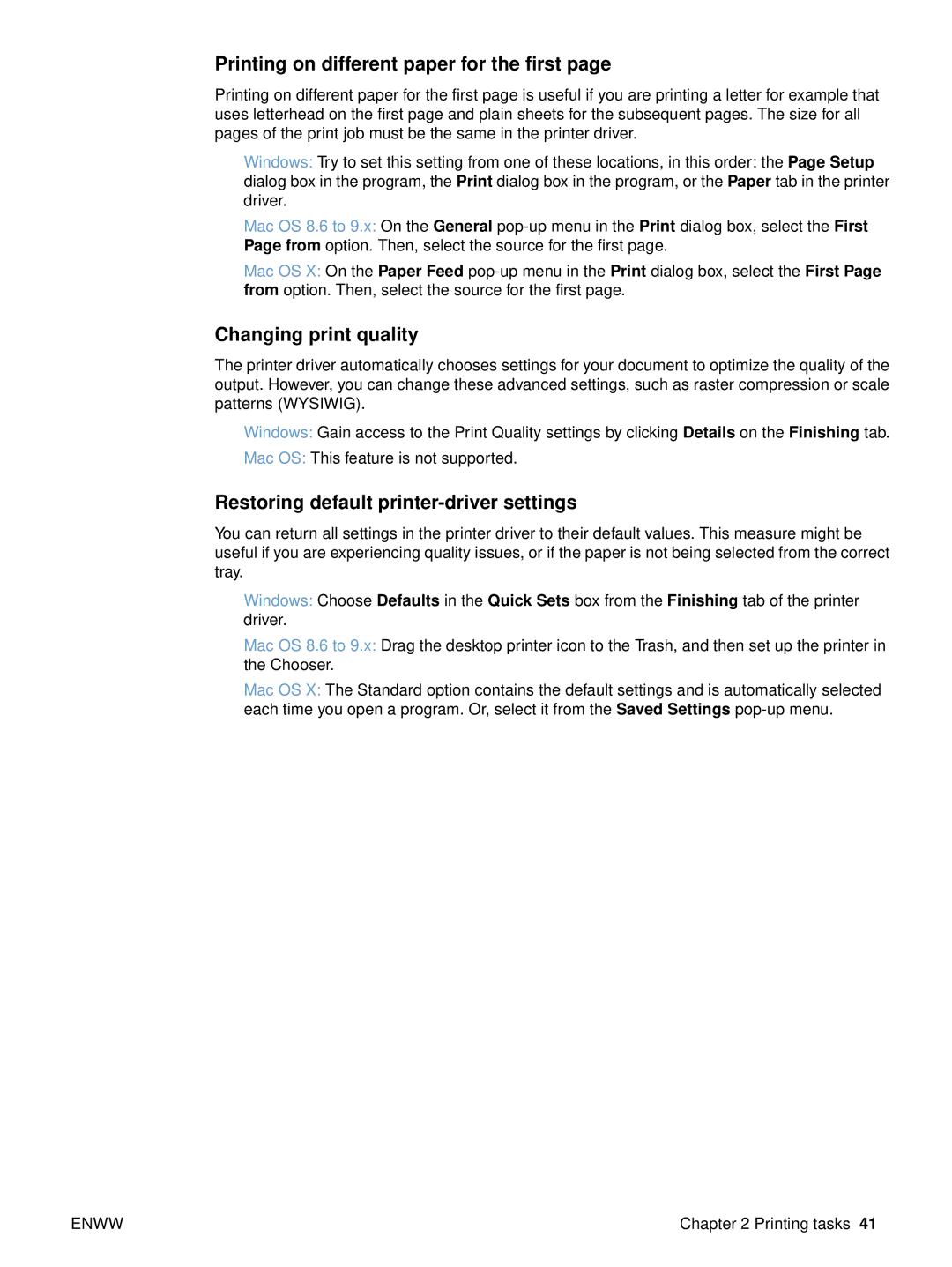 HP 2500 manual Printing on different paper for the first, Changing print quality, Restoring default printer-driver settings 