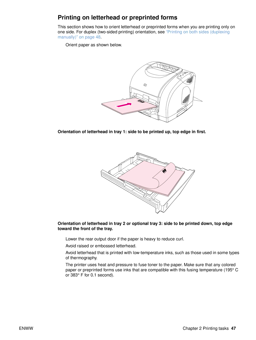 HP 2500L, 2500tn, 2500n manual Printing on letterhead or preprinted forms 