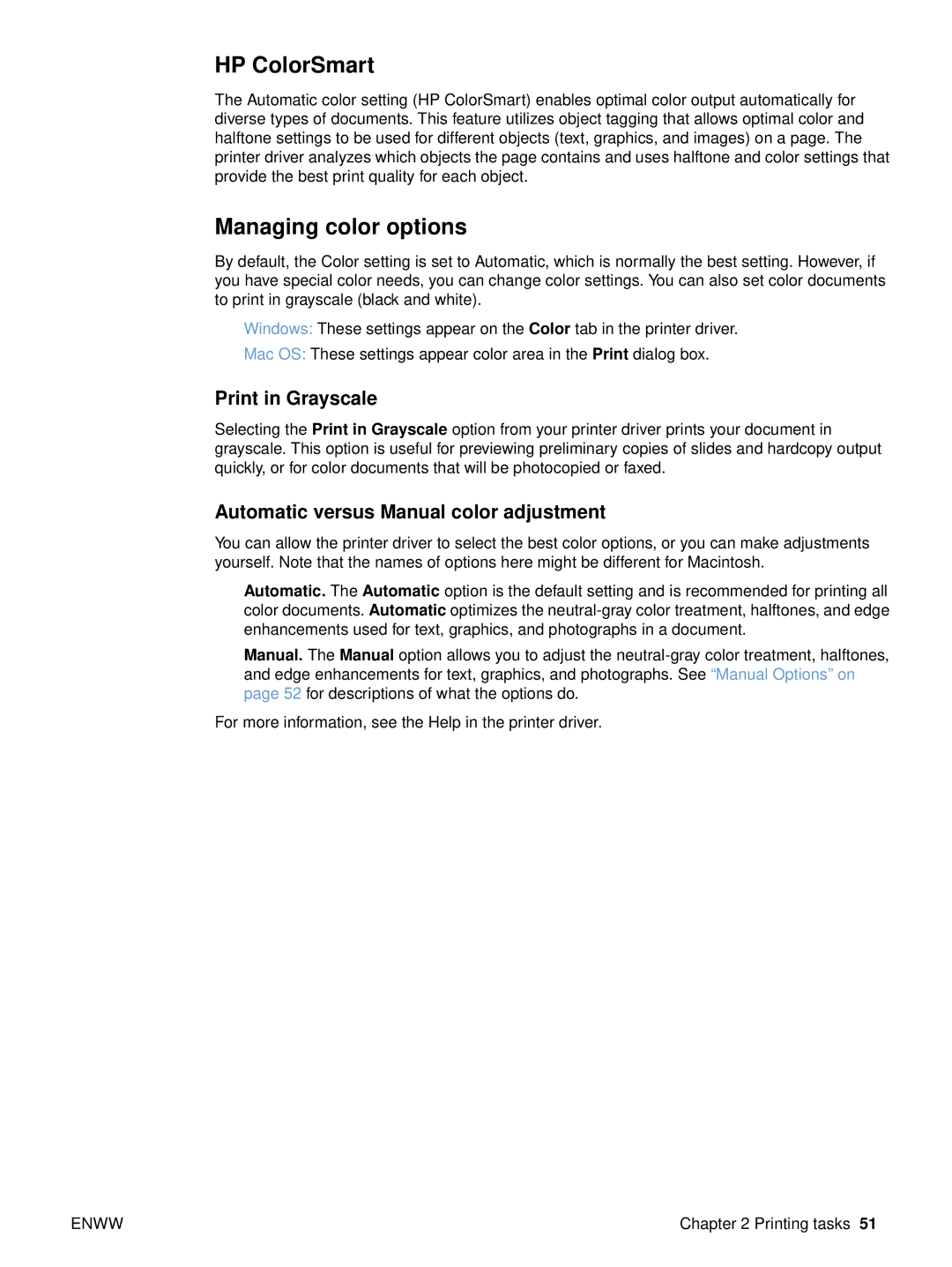 HP 2500L, 2500tn, 2500n HP ColorSmart, Managing color options, Print in Grayscale, Automatic versus Manual color adjustment 