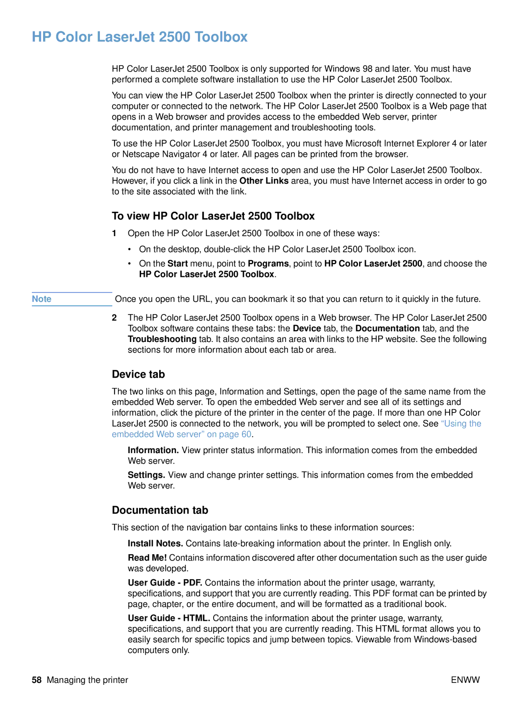 HP 2500tn, 2500L, 2500n manual To view HP Color LaserJet 2500 Toolbox, Device tab, Documentation tab 