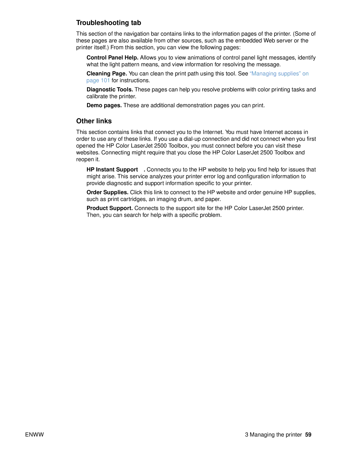 HP 2500L, 2500tn, 2500n manual Troubleshooting tab, Other links 
