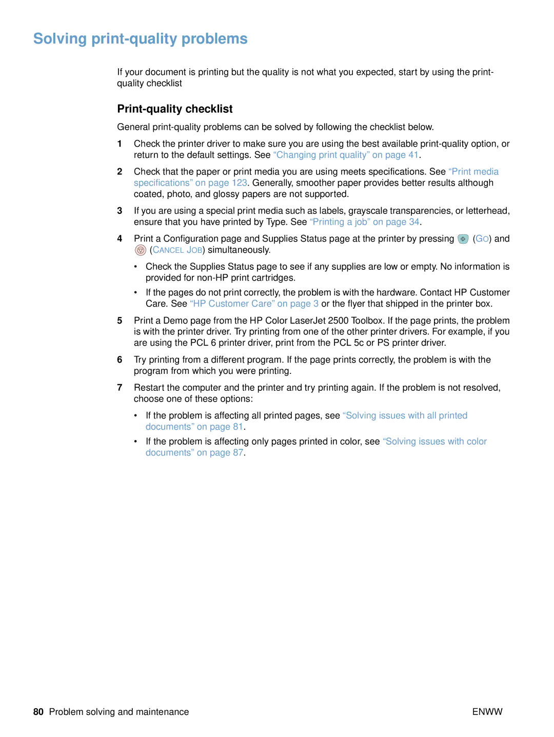 HP 2500n, 2500tn, 2500L manual Solving print-quality problems, Print-quality checklist 