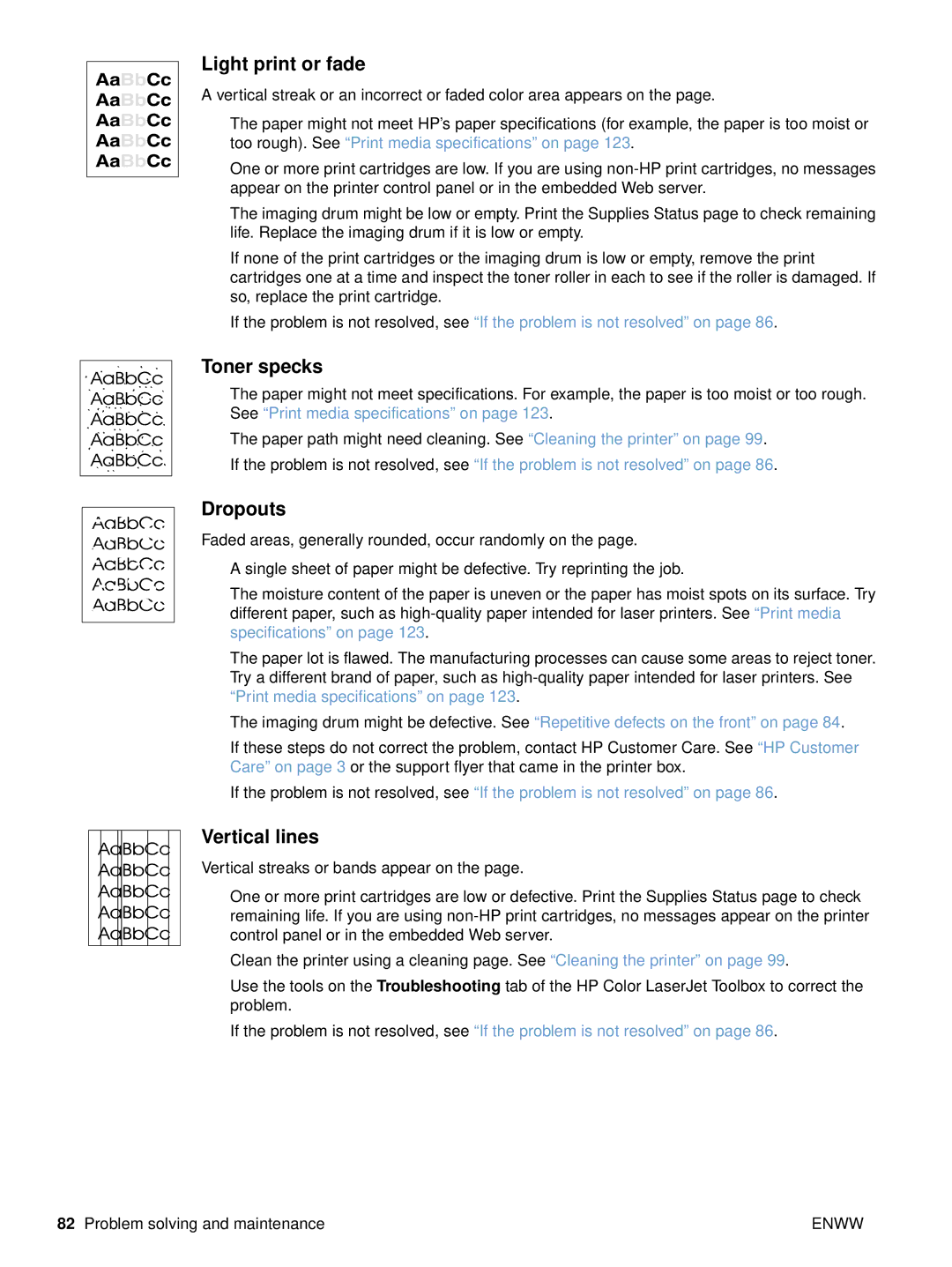 HP 2500tn, 2500L, 2500n manual Light print or fade, Toner specks, Dropouts, Vertical lines 