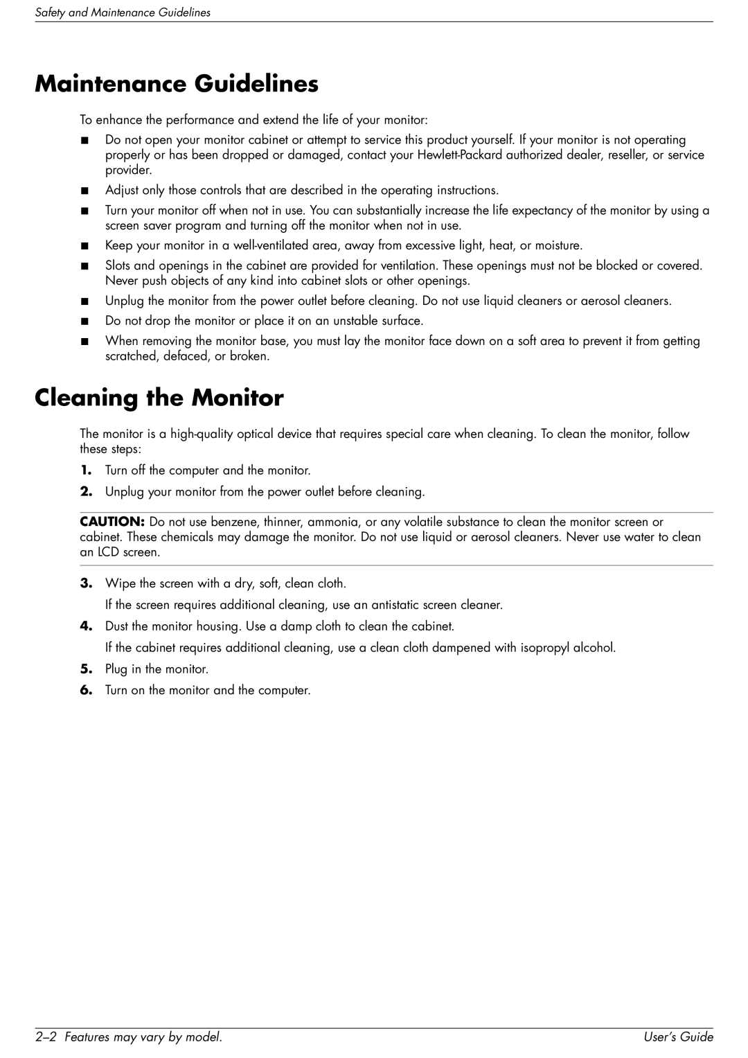 HP 2509b manual Maintenance Guidelines, Cleaning the Monitor 