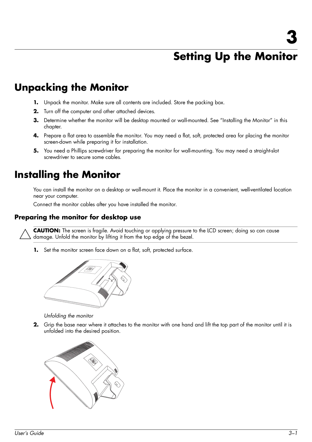 HP 2509b Setting Up the Monitor, Unpacking the Monitor, Installing the Monitor, Preparing the monitor for desktop use 