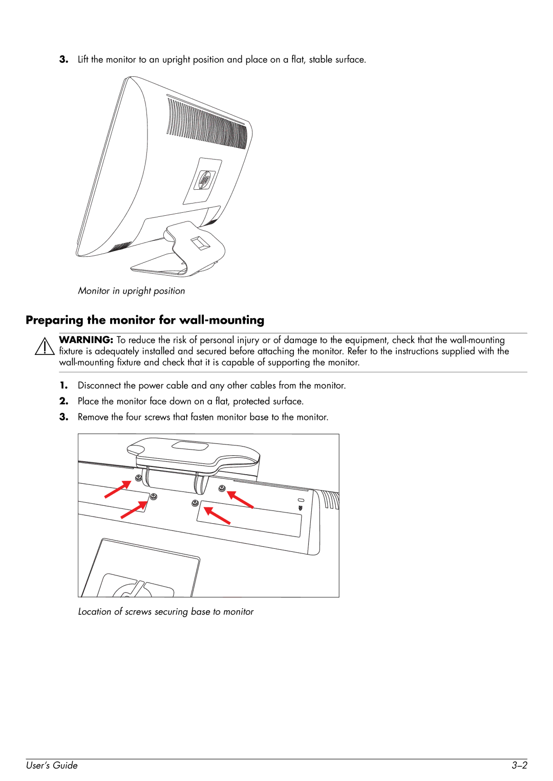 HP 2509b manual Preparing the monitor for wall-mounting 