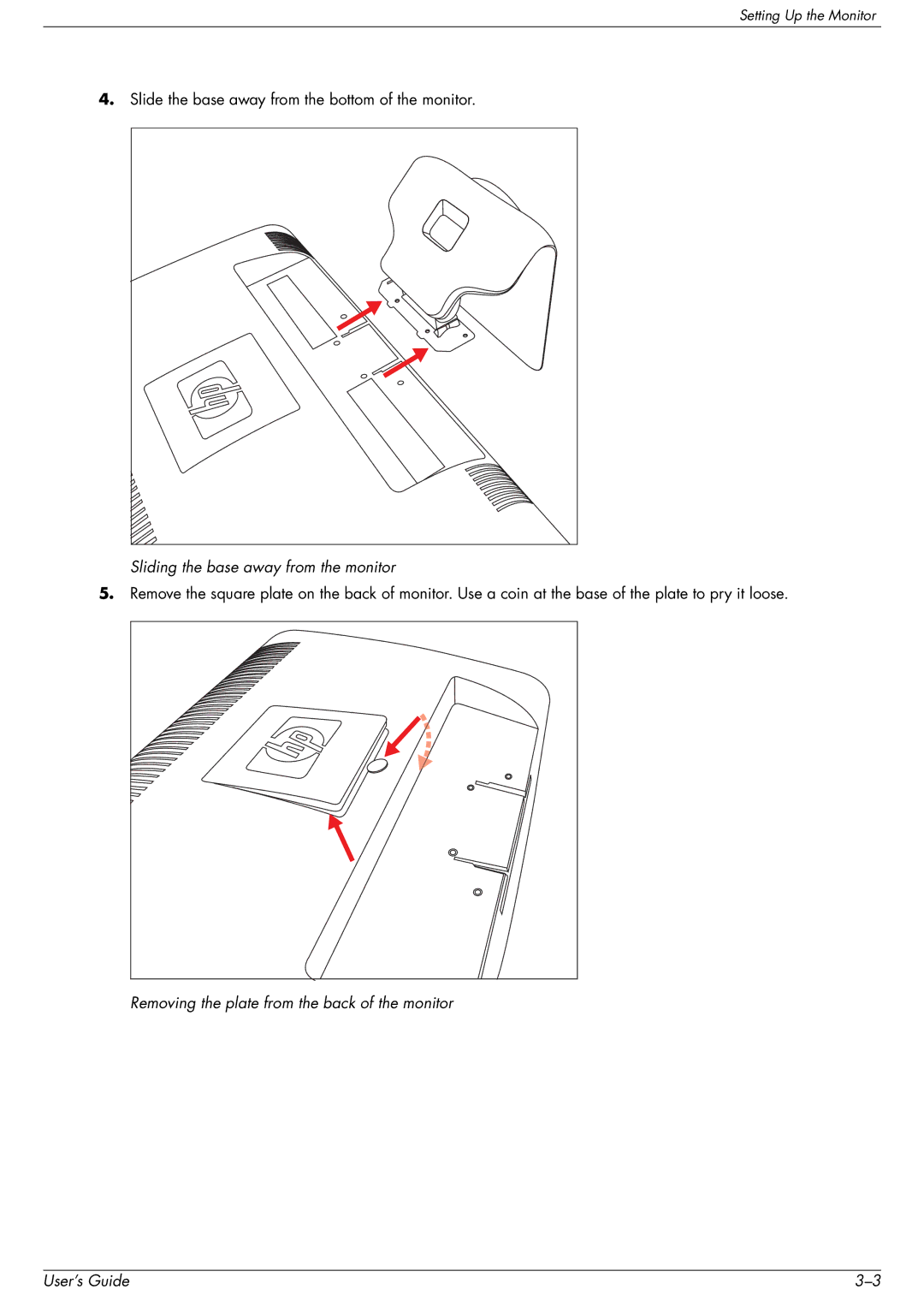 HP 2509b manual Removing the plate from the back of the monitor User’s Guide 