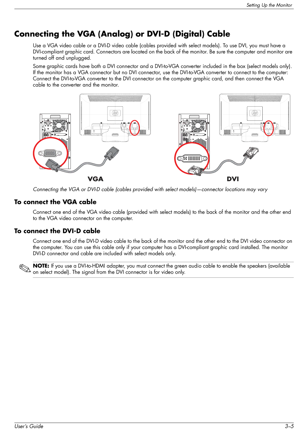 HP 2509b manual Connecting the VGA Analog or DVI-D Digital Cable, To connect the VGA cable, To connect the DVI-D cable 