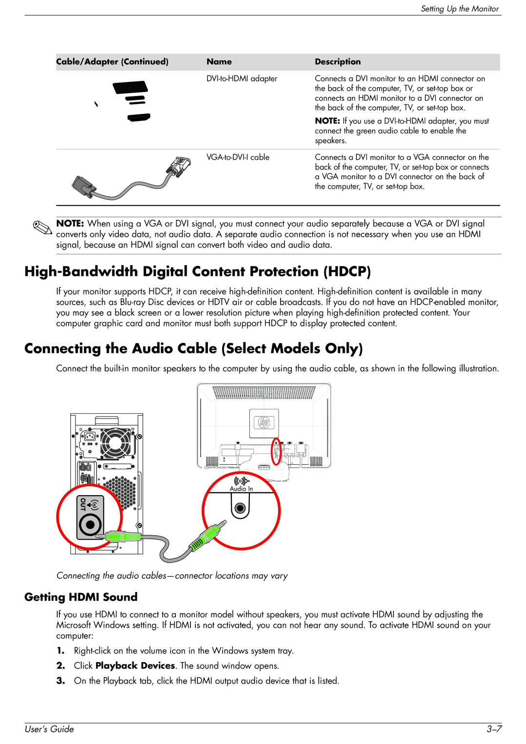 HP 2509b High-Bandwidth Digital Content Protection Hdcp, Connecting the Audio Cable Select Models Only, Getting Hdmi Sound 