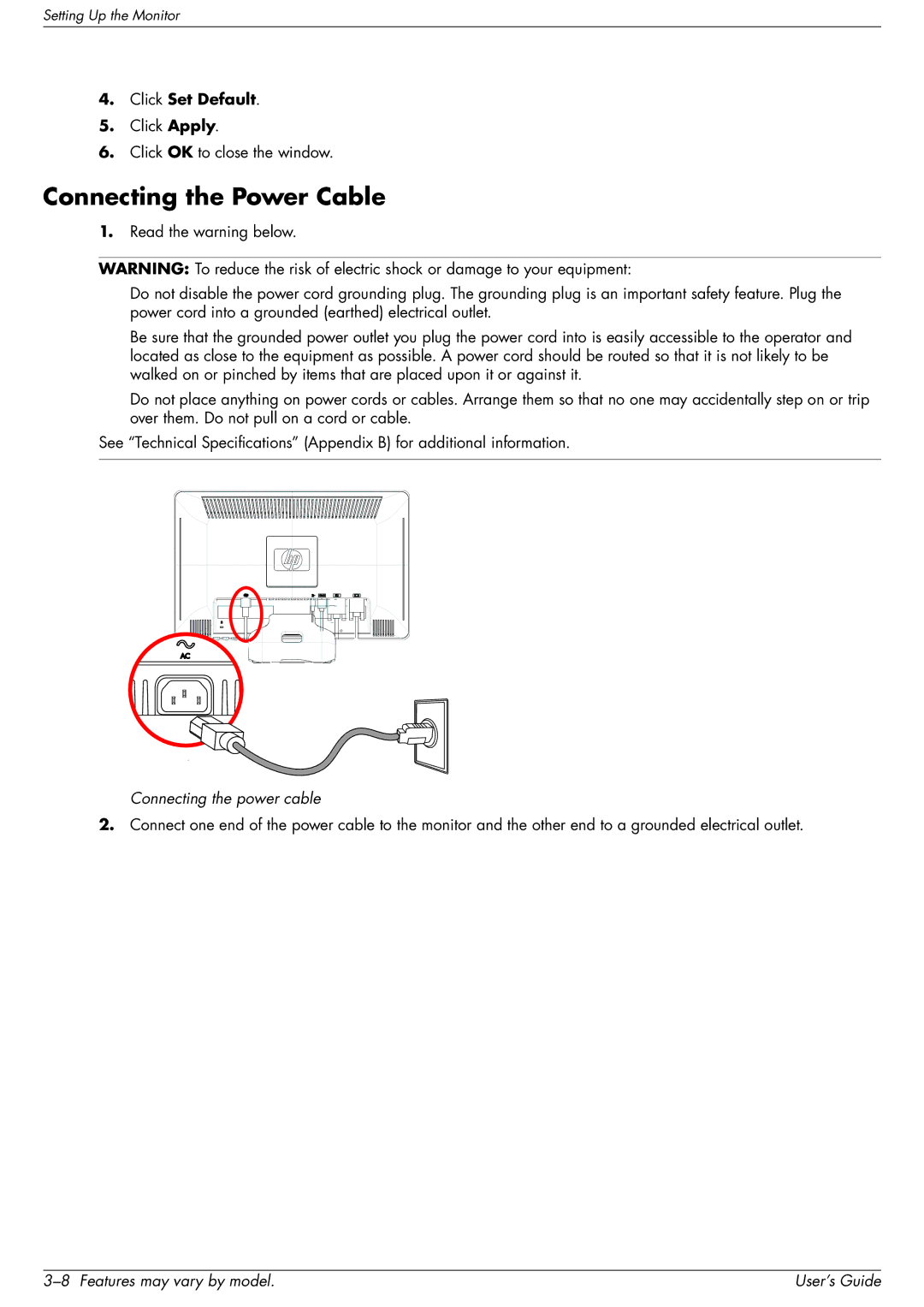 HP 2509b manual Connecting the Power Cable, Connecting the power cable 