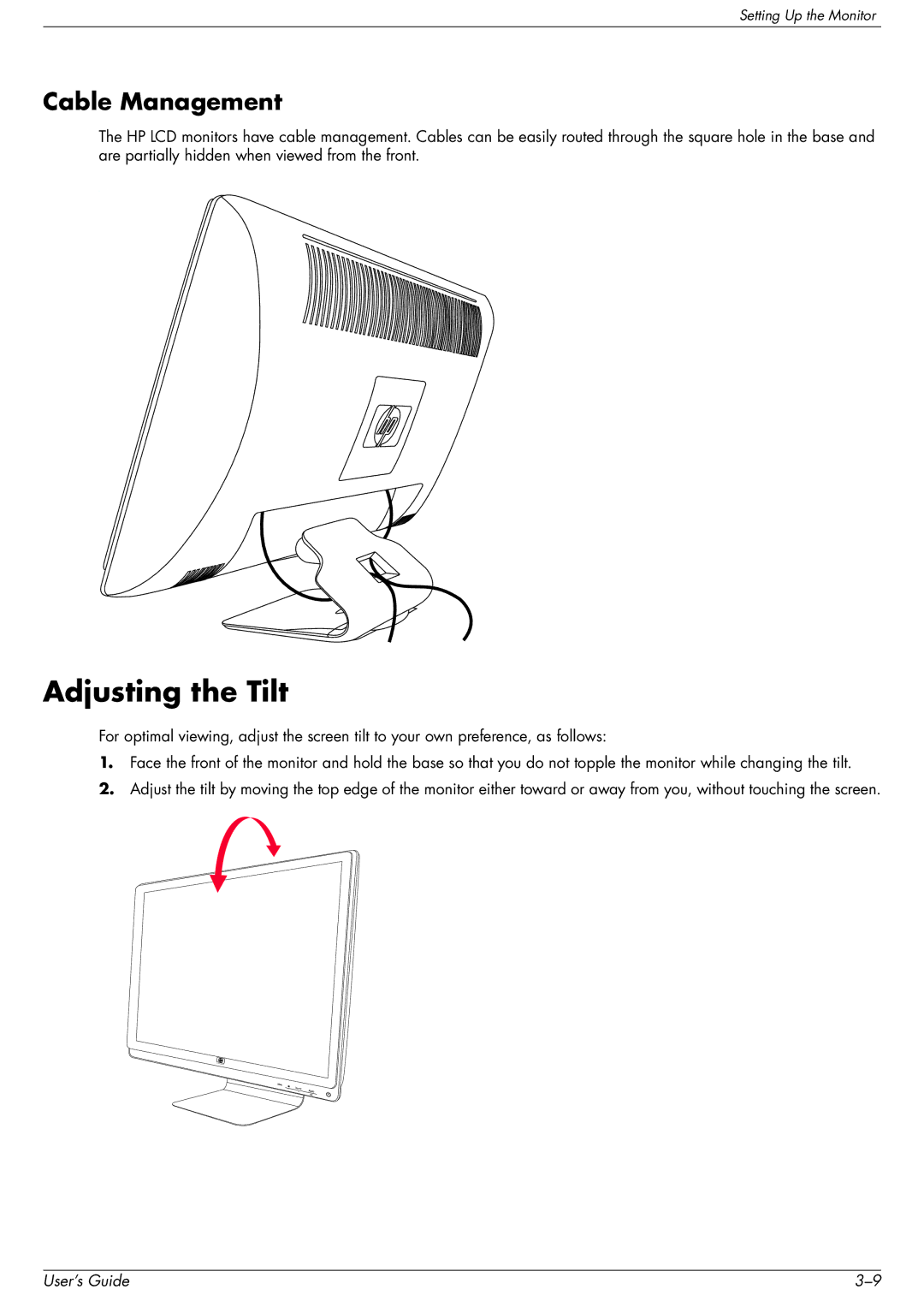 HP 2509b manual Adjusting the Tilt, Cable Management 