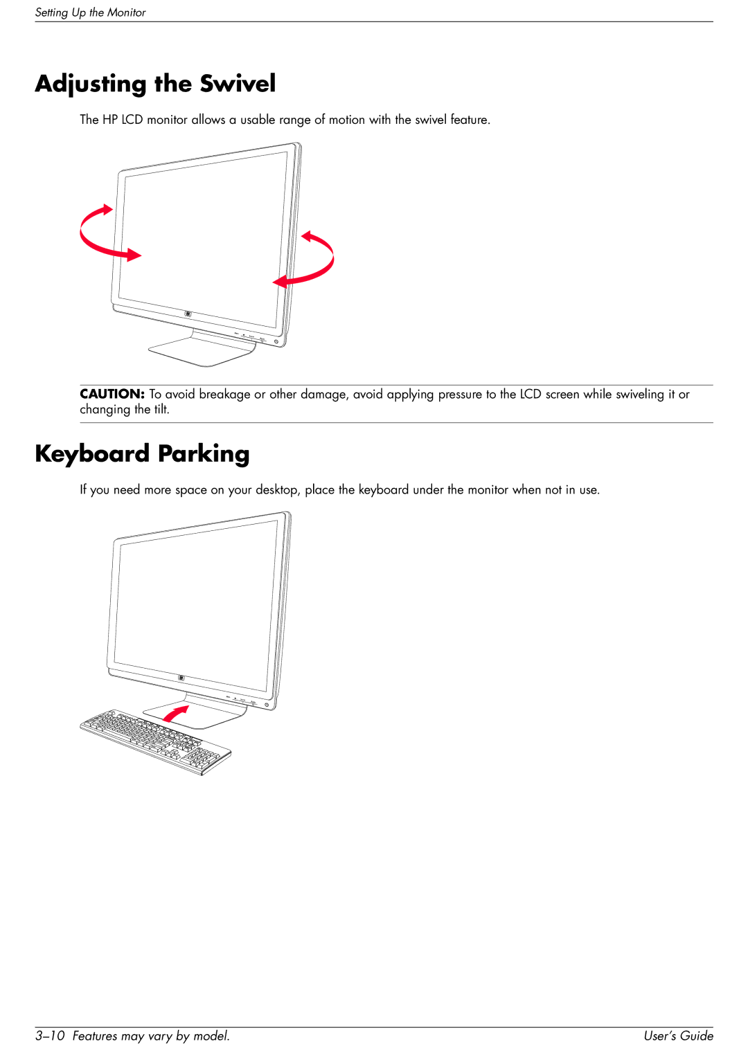 HP 2509b manual Adjusting the Swivel, Keyboard Parking 