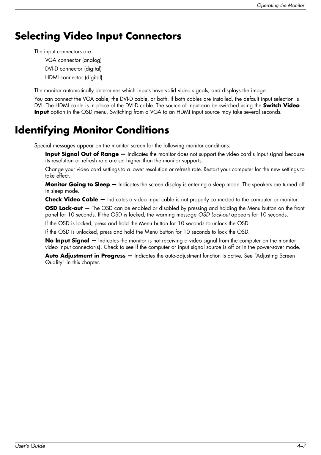 HP 2509b manual Selecting Video Input Connectors, Identifying Monitor Conditions 