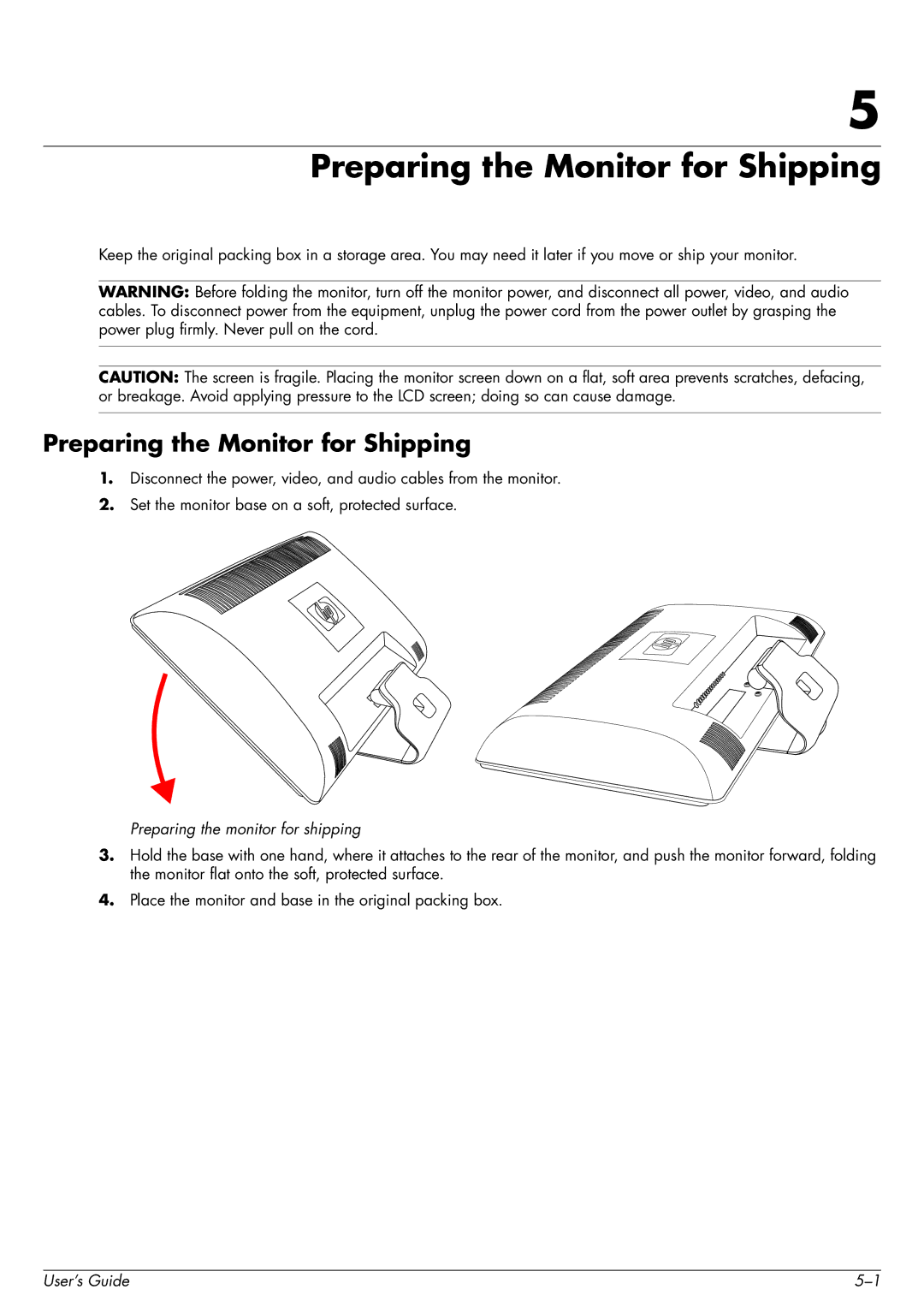 HP 2509b manual Preparing the Monitor for Shipping 