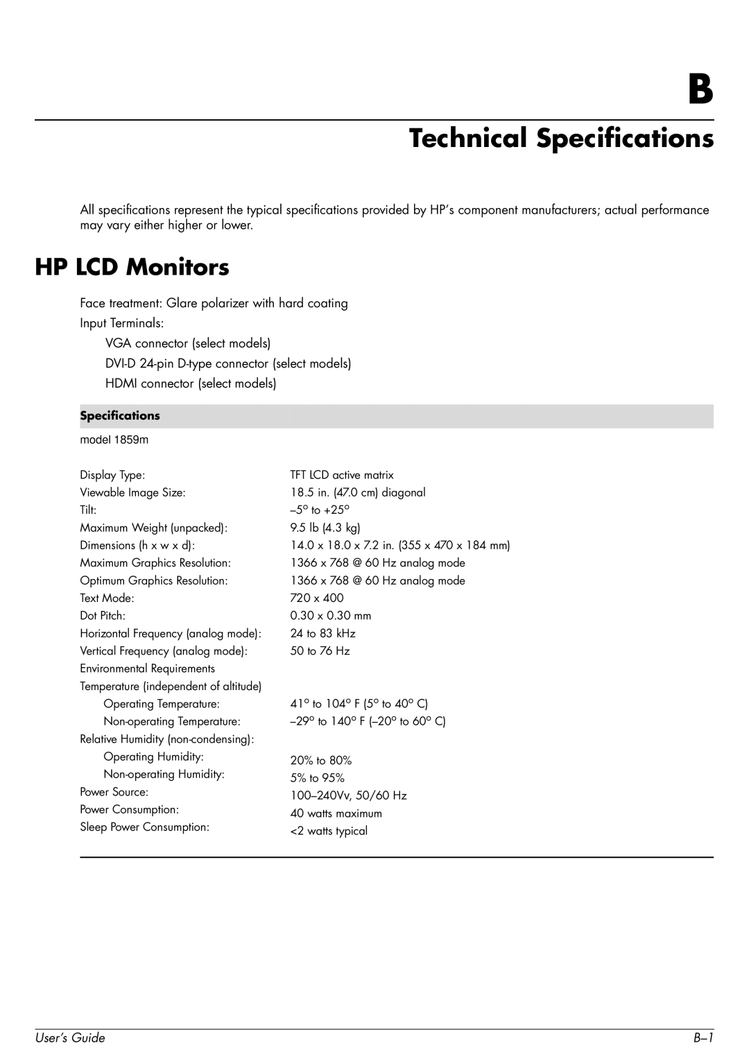 HP 2509b manual Technical Specifications, Specifications model 1859m 