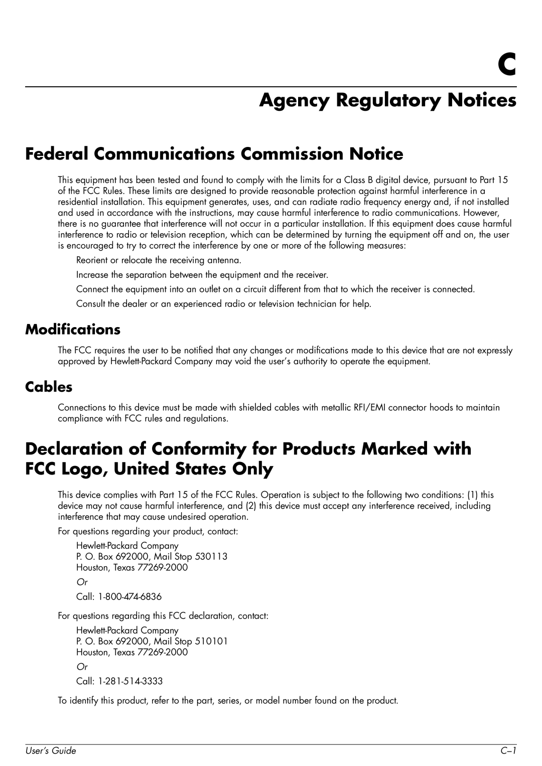 HP 2509b manual Agency Regulatory Notices, Federal Communications Commission Notice, Modifications, Cables 