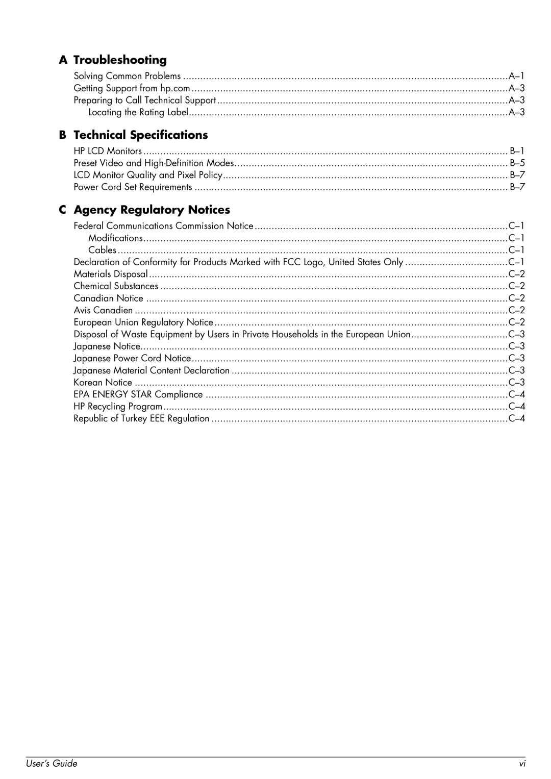 HP 2509b manual Troubleshooting, Technical Specifications, Agency Regulatory Notices 