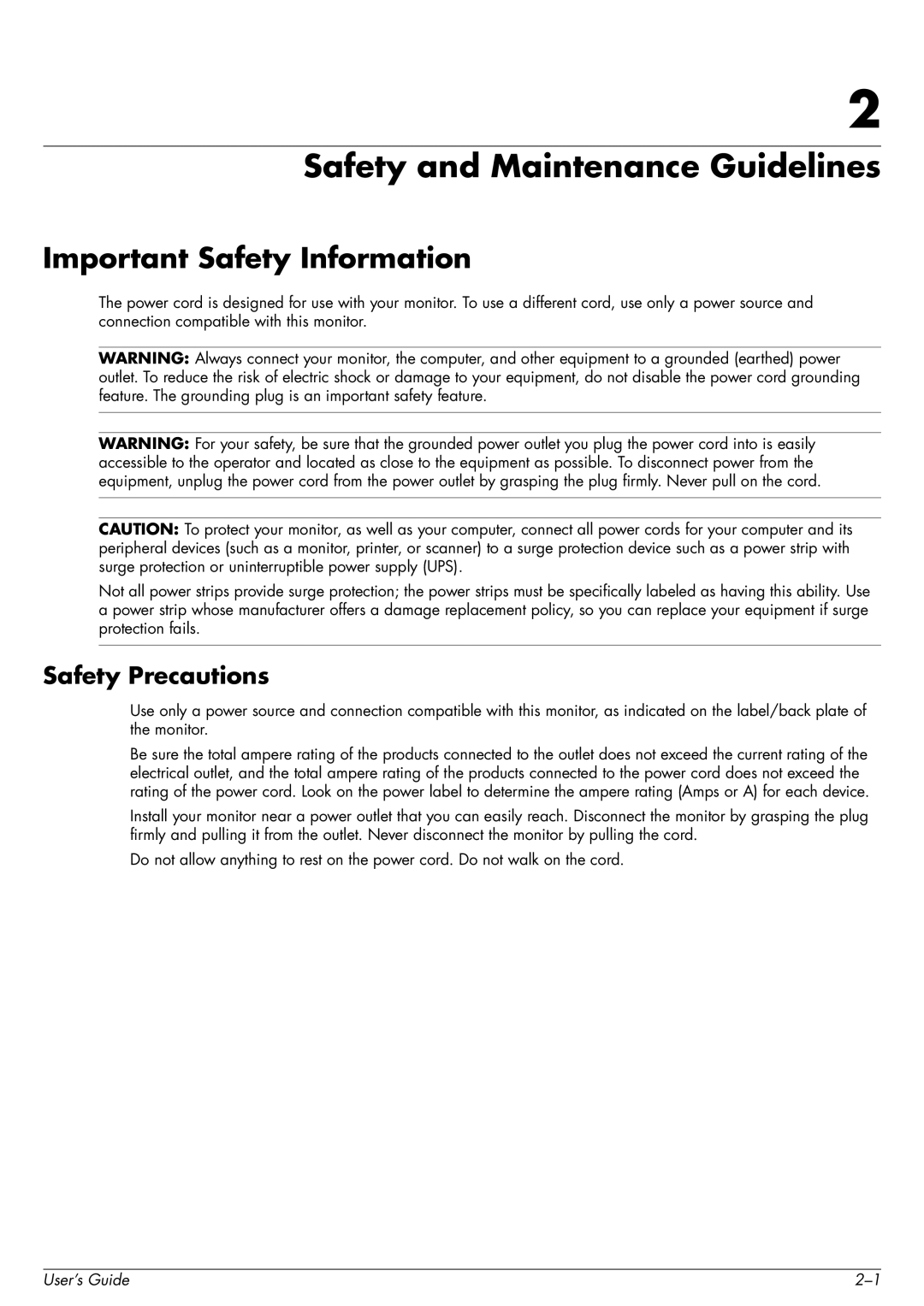 HP 2509b manual Safety and Maintenance Guidelines, Important Safety Information, Safety Precautions 