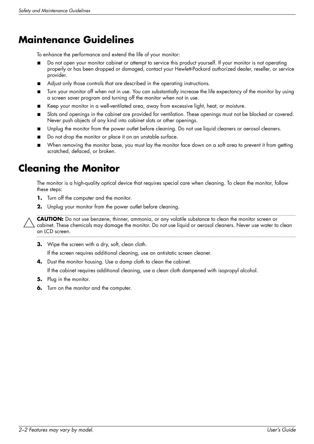 HP 2509P, 2309P manual Maintenance Guidelines, Cleaning the Monitor 