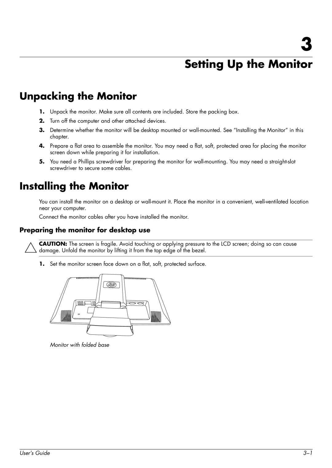 HP 2309P Setting Up the Monitor, Unpacking the Monitor, Installing the Monitor, Monitor with folded base User’s Guide 