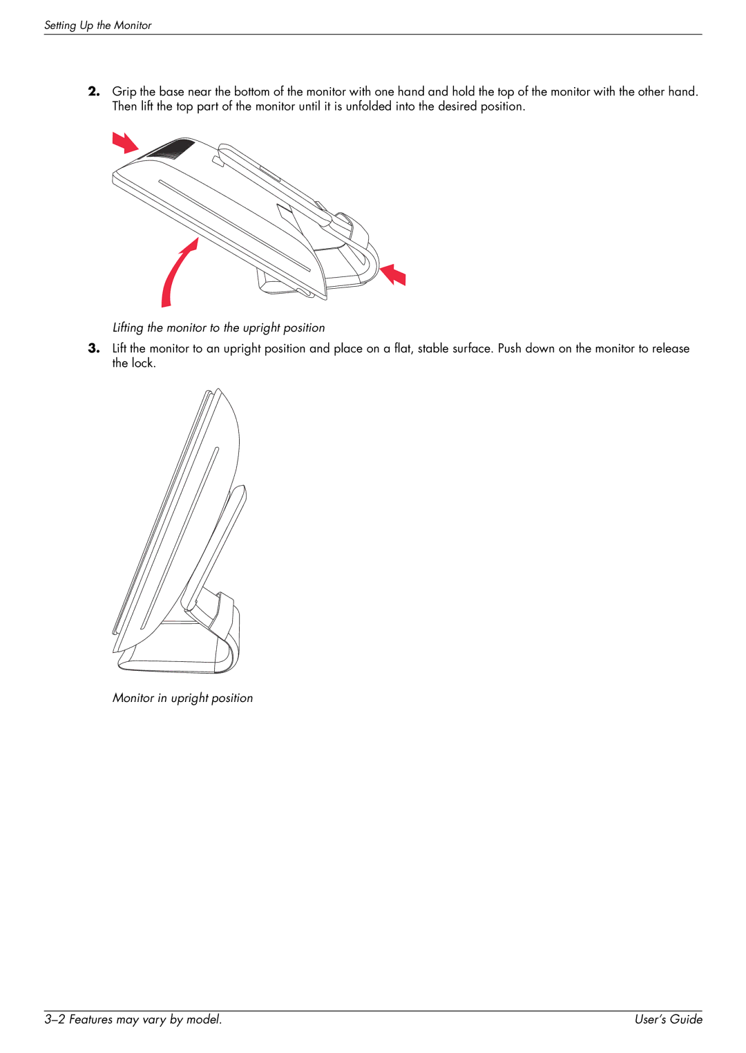 HP 2509P, 2309P manual Lifting the monitor to the upright position 