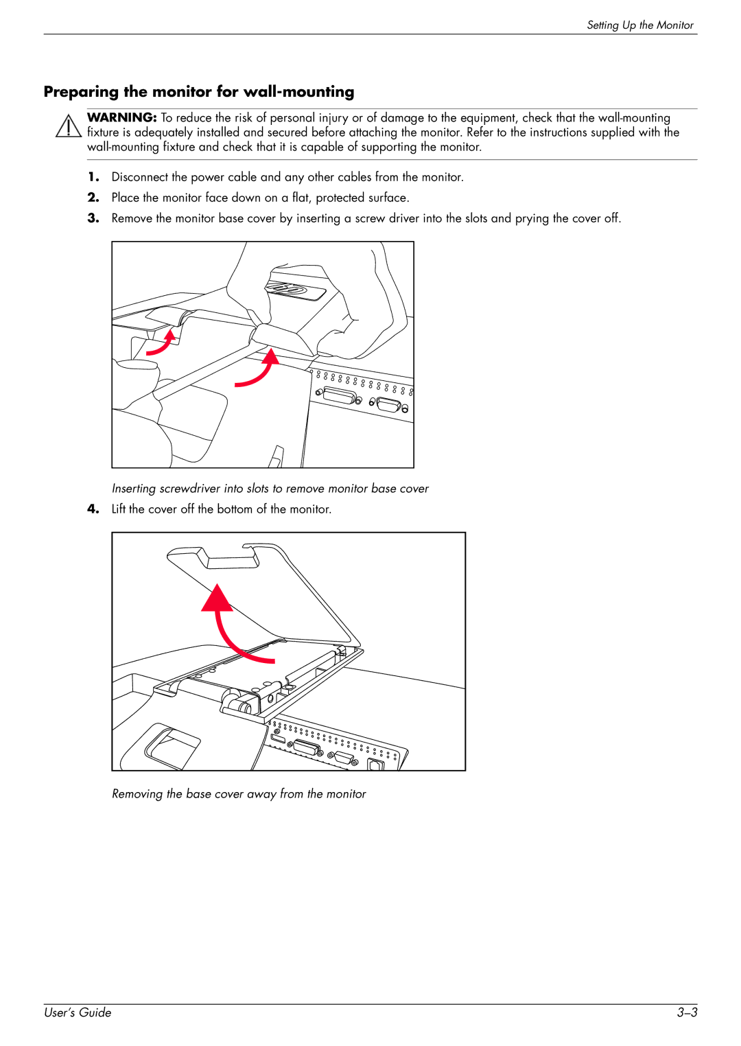 HP 2309P, 2509P manual Preparing the monitor for wall-mounting, Removing the base cover away from the monitor User’s Guide 