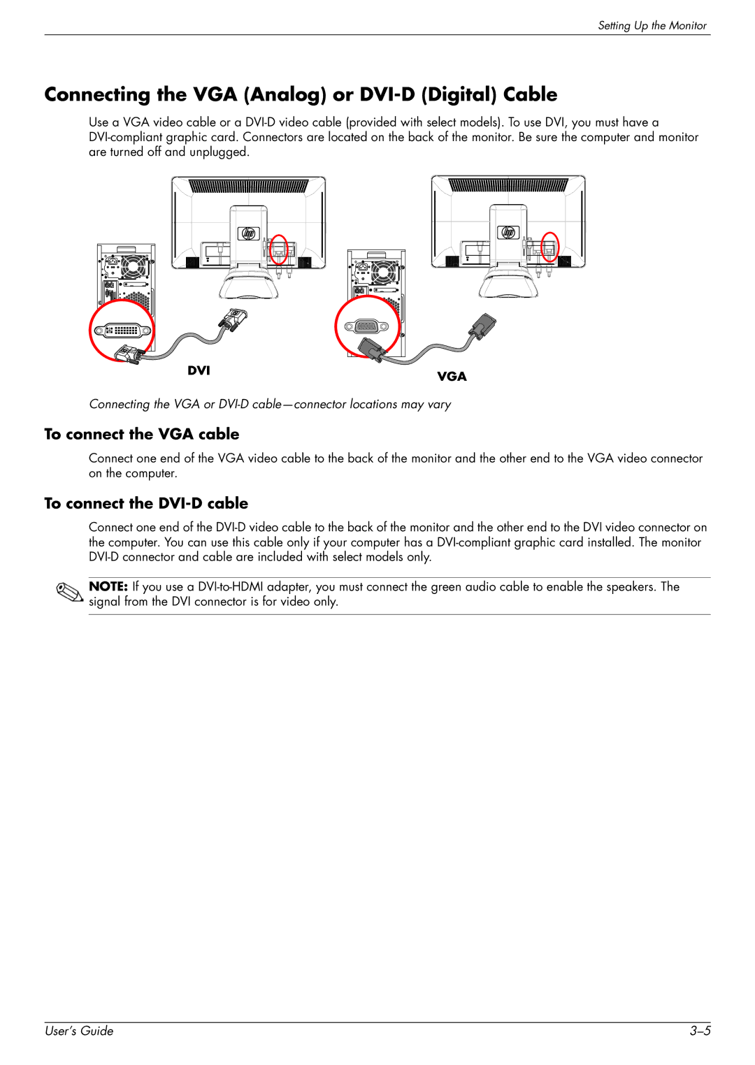 HP 2309P, 2509P manual Connecting the VGA Analog or DVI-D Digital Cable, To connect the VGA cable 